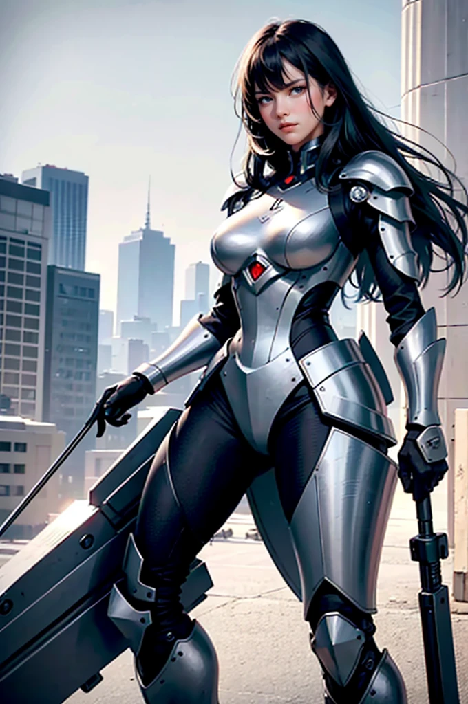 Incredibly ridiculous face, silky long black hair, pure black long hair (obvious), domineering female attack, indifferent and emotionless expression, hair color is black, black hair, woman wearing black nano armor, full of mecha sense, full of science and technology, mecha chest has a dark red miniature nuclear reactor, cool armor, armor lines are clearly visible, armor metal is strong, realistic and natural picture quality, special forces, nano armor wrapped in the whole body, beyond 8K picture quality, extremely high clarity 1girl, adult women, adult female figure, long legs, extremely high rendering effect, 2D painting style, realistic photo photos, snow-white skin, royal sister style, big sister, indifferent expression, serious face, conservative tight dressing, angular, classical beauty