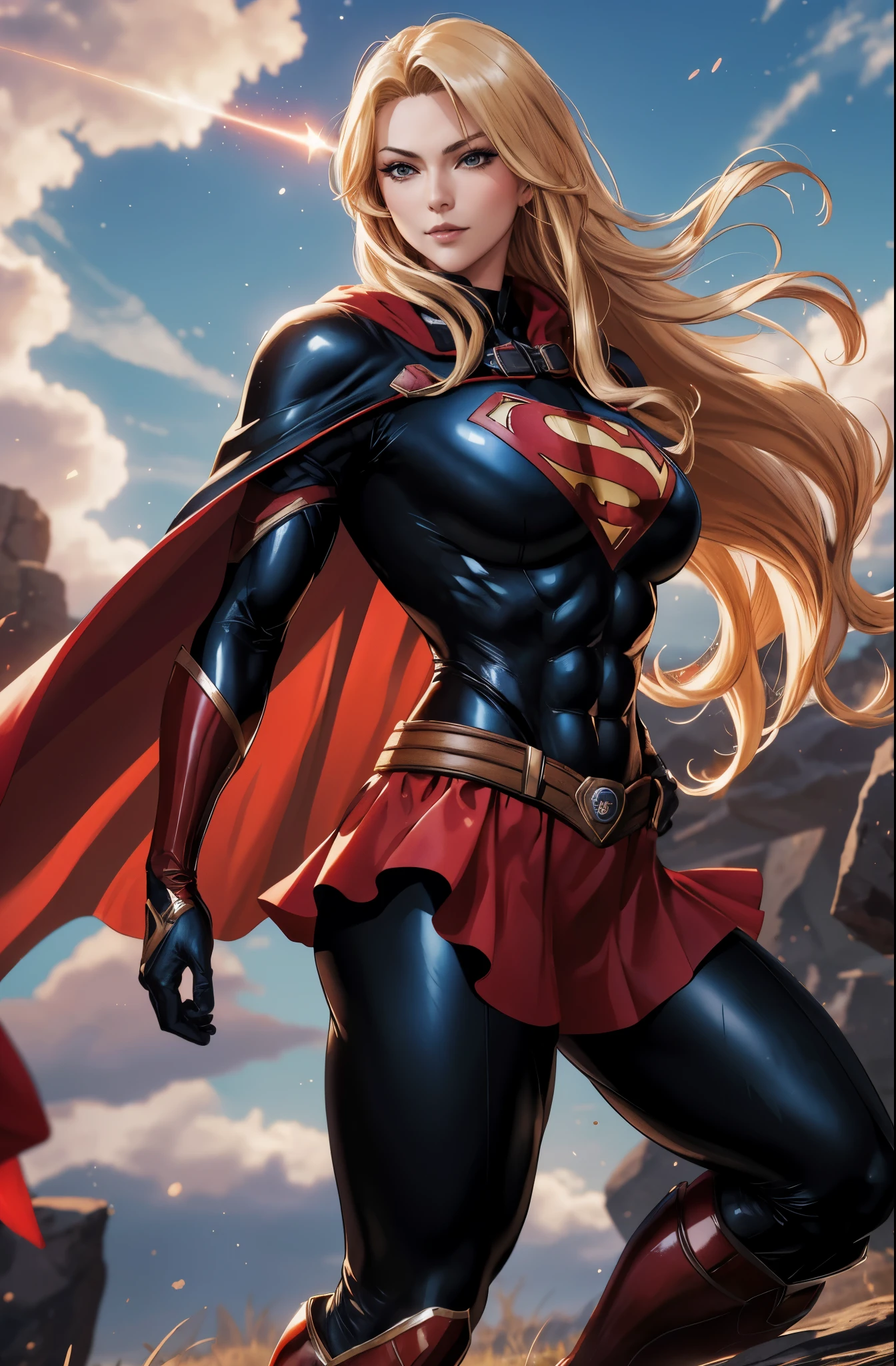 nijistyle, cowboy shot of beautiful lady in black superman costume, long blonde hair, heroic, cape, particles, clouds, sky, red skirt, red boots, sexy pose