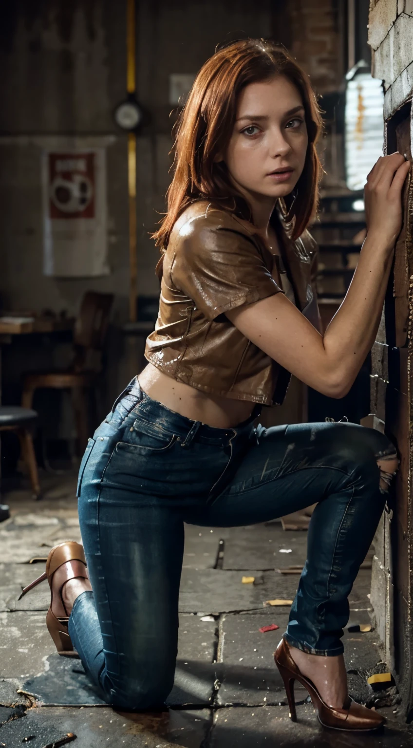 Tempting helplessness, (Bruises under the eyes:1.3), She was wearing a T-shirt, leather jacket,(Dark damp flared jeans:1.3),(wide flare:1.3), (wear high heel shoes), (Blushing with embarrassment,) humiliation, humility, (She touched her clothes gingerly:1.0), trap, shameful fetish, a win-win situation, Copper-red hair, bob hairstyle, provocative style, ecstasy