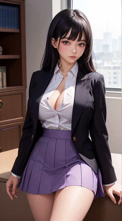 (masterpiece, highest quality), intricate details, 1 girl, looking at the viewer, black hair, dull bangs, long hair, purple eyes, shy, big breasts, mini skirt, blouse, blazer, pumps, office lady, Shirt unbuttoned to reveal cleavage、Do not wear ribbons or ties、