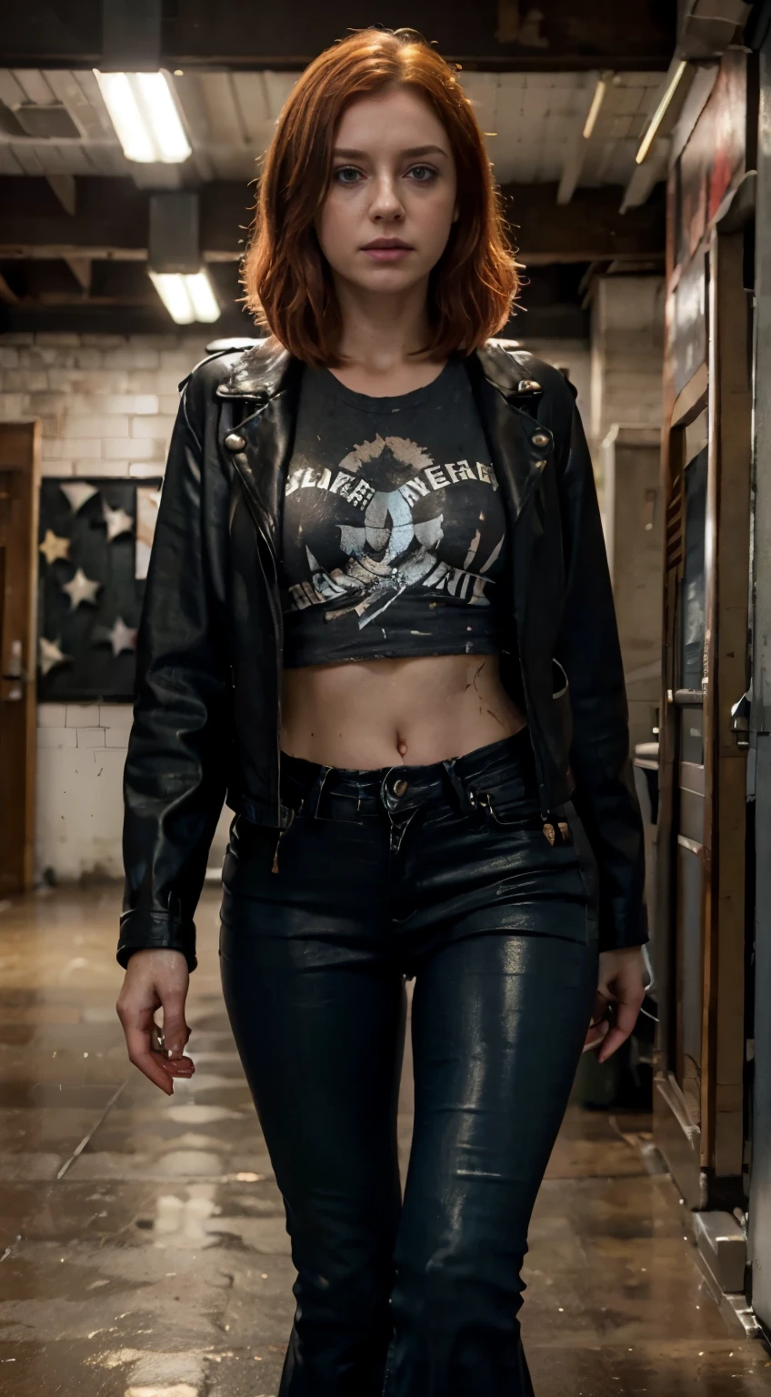 Tempting helplessness, (Bruises under the eyes:1.3), She was wearing a T-shirt, leather jacket,(Dark damp flared jeans:1.3),(wide flare:1.3), (wear high heel shoes), (Blushing with embarrassment,) humiliation, humility, (She touched her clothes gingerly:1.0), trap, shameful fetish, a win-win situation, Copper-red hair, bob hairstyle, provocative style, ecstasy