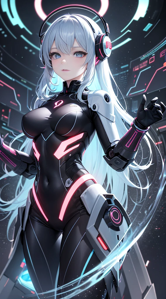 motor irreal:1.4,UHD,La mejor calidad:1.4, fotorrealista:1.4, textura de la piel:1.4, obra maestra:1.8,((Beautiful Robot Woman Vividly colored digital image young and ethereally beautiful with icy blue long hair and eyes reflecting the galaxy., With an elegant futuristic dress that shines with holographic light reflections, De pie frente a un elegante, Glowing portal emitting fog and glowing particles, It's inside a high-tech lab full of screens and shiny equipment......., Rendered in a stunning sci-fi anime art style with cinematic lighting, intricate linework, and a beautiful structure of atmospheric glow effects )), (robot:1.4),