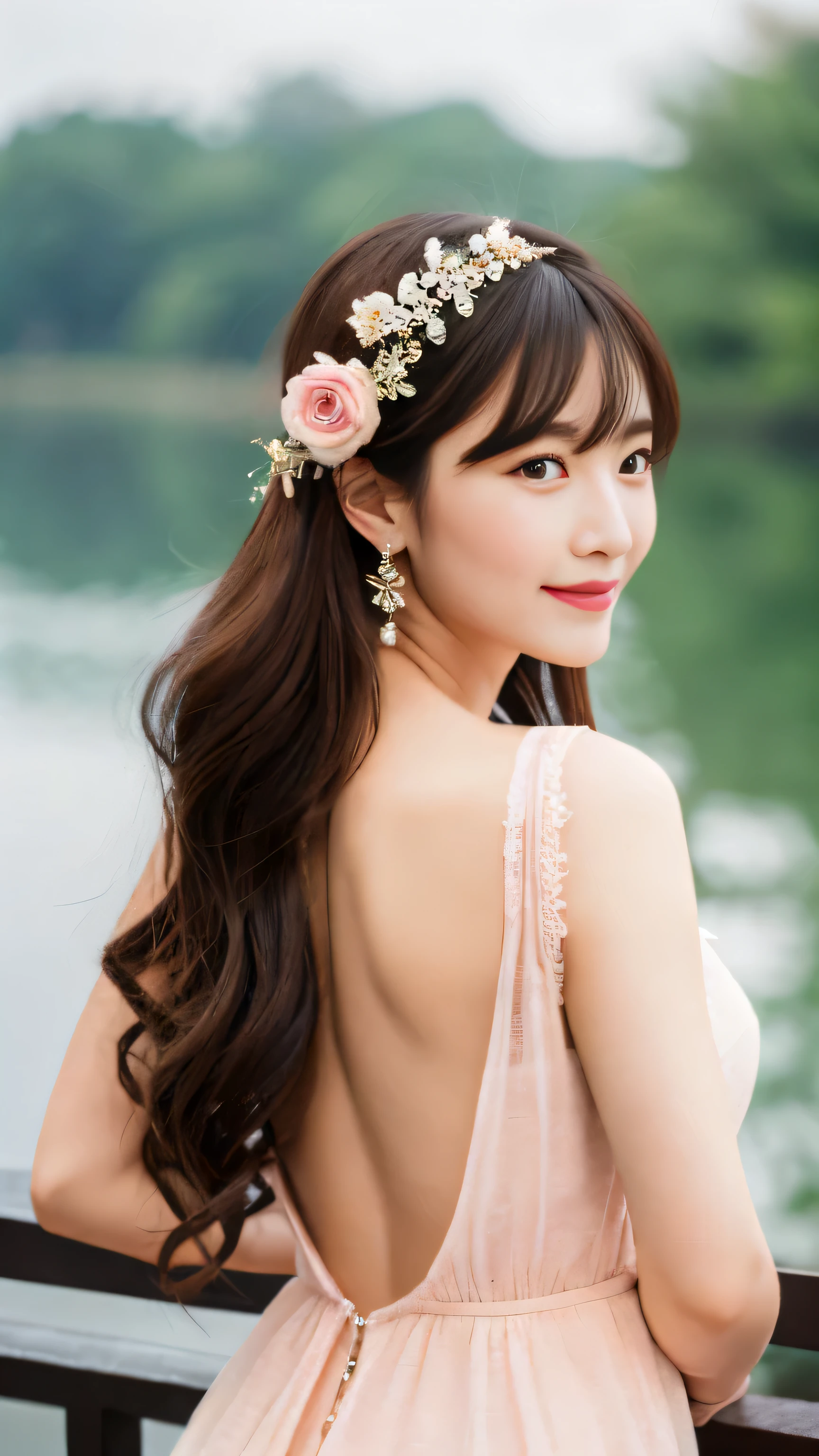 Masterpiece, Best Quality, Waterfront, Banquet, 1 Woman, Mature Woman, Elegant, Chinese Style, Ancient China, Sister, Royal Sister, Happy, Meatball Head, Light Brown Hair, Pink Eyes, Gorgeous Headwear, Light Pink Lips, Pink Clothes, Yarn like Clothing, Intellectual, Full bangs, Flat bangs, Flower Ball, Face Delicate,Updo