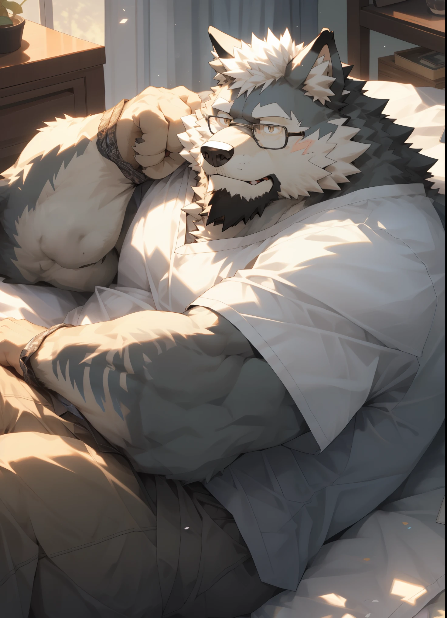 hairy,((Wolf,Black-rimmed glasses,White boxers)dad body,beard,white fur,male,Common,full body picture((极其lifelike阴影,masterpiece,Very detailed,lifelike)), ((Cat)),dynamic poses,In the bedroom,Lying in bed,shy,((极其lifelike背景,masterpiece,Very detailed,lifelike))detailed background,
