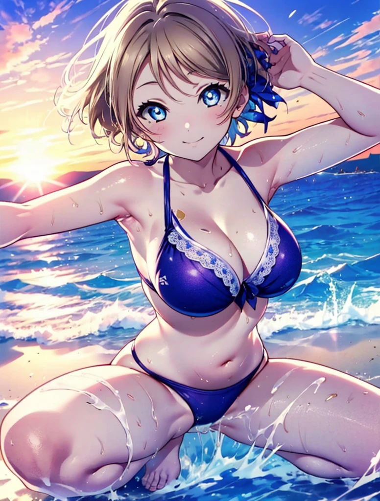 masterpiece, hire, 4K,ray tracing, Beautiful and detailed art, realistic, Slow motion, Motion graphics, 1 girl, Akira Watanabe, light brown hair, blue eyes, short hair, smile,brown skin,barefoot,sunburn,smile,bikini light blue swimsuit,big breasts,While playing on the beach,hair waving in the breeze,(masterpiece:1.2), highest quality, High resolution, unity 8k wallpaper, (figure:0.8), (beautiful and fine eyes:1.6), highly detailed face, perfect lighting, Very detailed CG, (perfect hands, perfect anatomy),