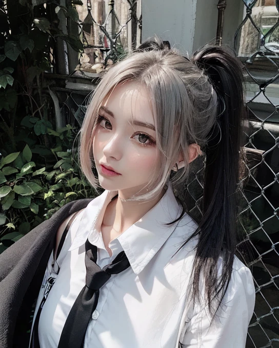 hay una mujer con corbata negra y camisa blanca, cabello plateado (cola de caballo), pelo blanco y negro, cruel korean gothic girl, 1 7 anime gothic girl, pelo negro y flequillo blanco, girl silver cola de caballo hair, flequillo blancopelo negro, peinado de dos colas, estilo animado, con el pelo largo y blanco, silver cola de caballo hair, inspirado en anime