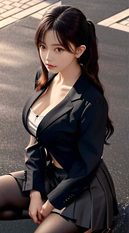 best quality, master piece, 1 girl, beautiful face, (Realisticな写真:1.3), edge light, (high detail skin:1.2), 8K UHD, Digital single-lens reflex camera, expensive、expensive品質, High resolution, 4K, 8K, Bokeh, absurd, Optimal ratio of 4 fingers and 1 thumb, (Realistic:1.3), かわいい1 girl, wearing a black formal blazer, big breasts, short skirt,black lenth stockings、Shirt unbuttoned to reveal cleavage、Do not wear ribbons or ties、
