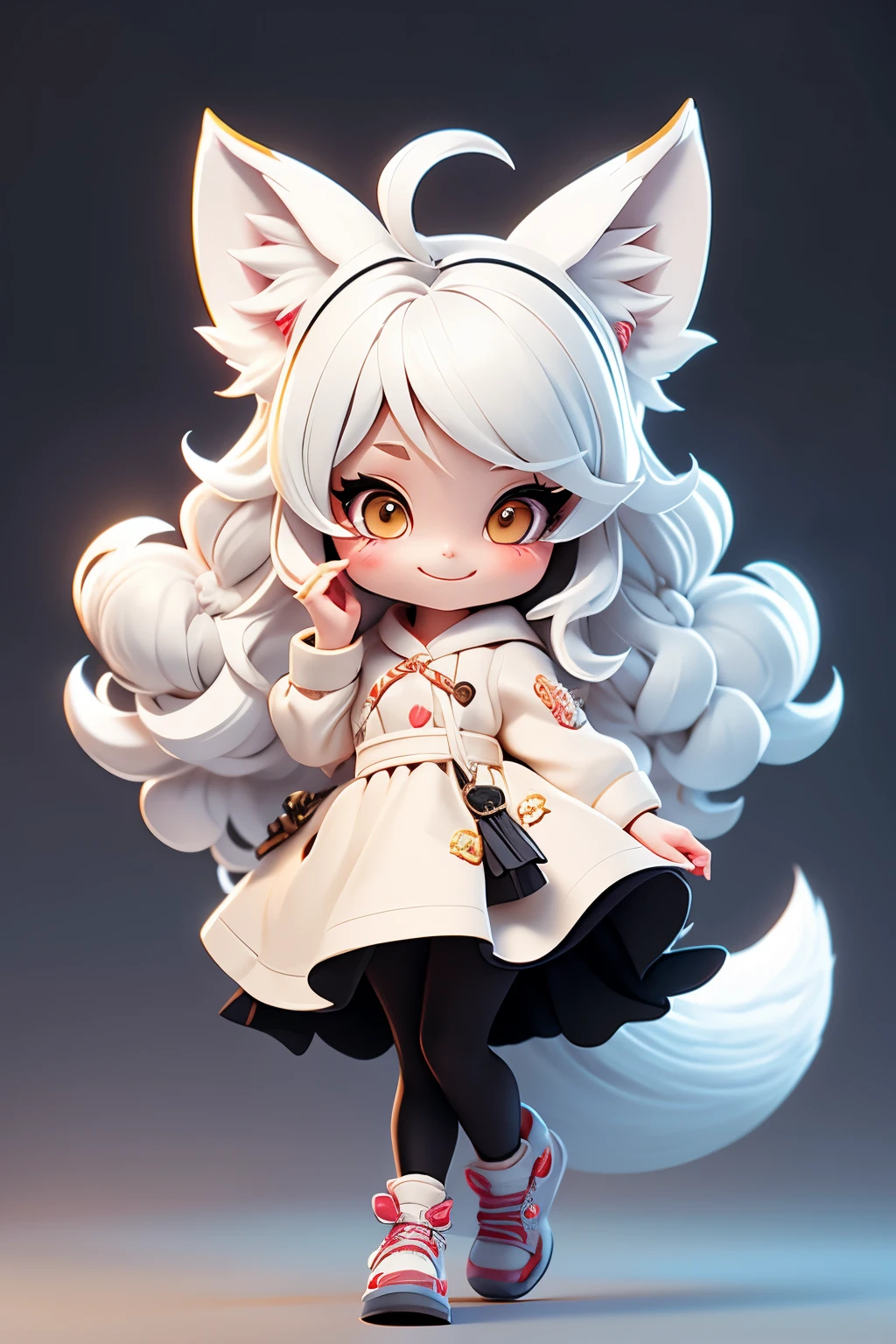 A girl with impressive white hair、Fox ears and tail、Hair Ornament、Black pantyhose、No sleeve、smile、cute shoes with accessories