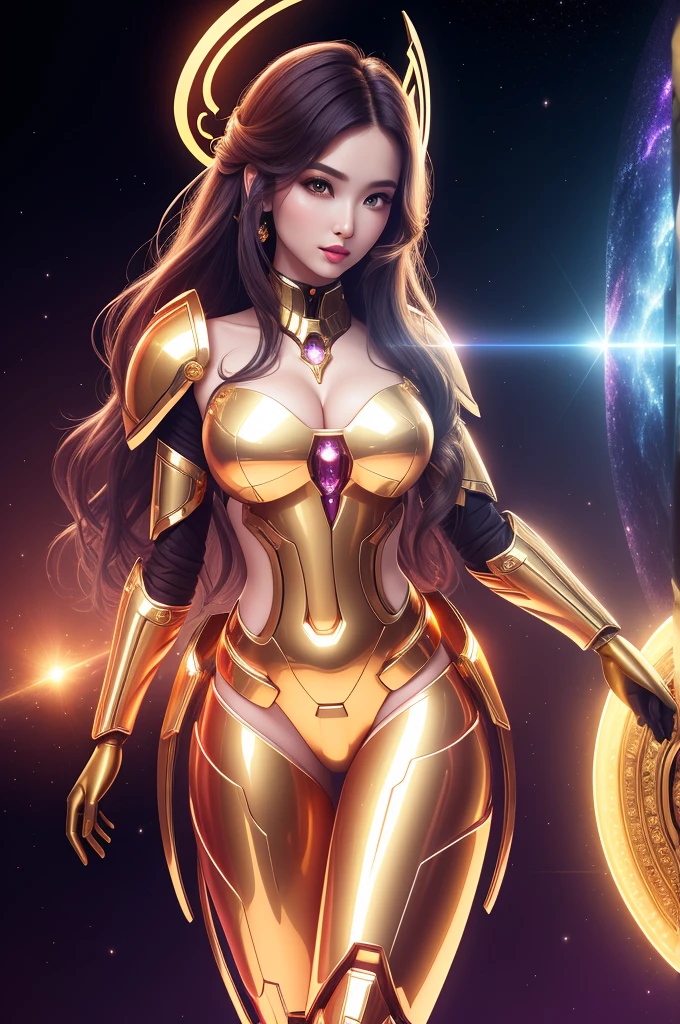 Surreal Beauty Chief, Gold armor,whole body, beauty,charming,sexy,Galaxy background highlights the halo in the background