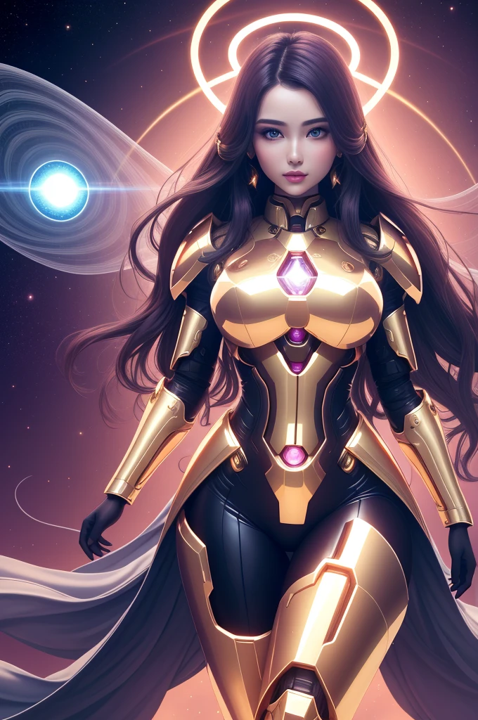 Surreal Beauty Chief, Gold armor，whole body, beauty，charming，sexy，Galaxy background highlights the halo in the background