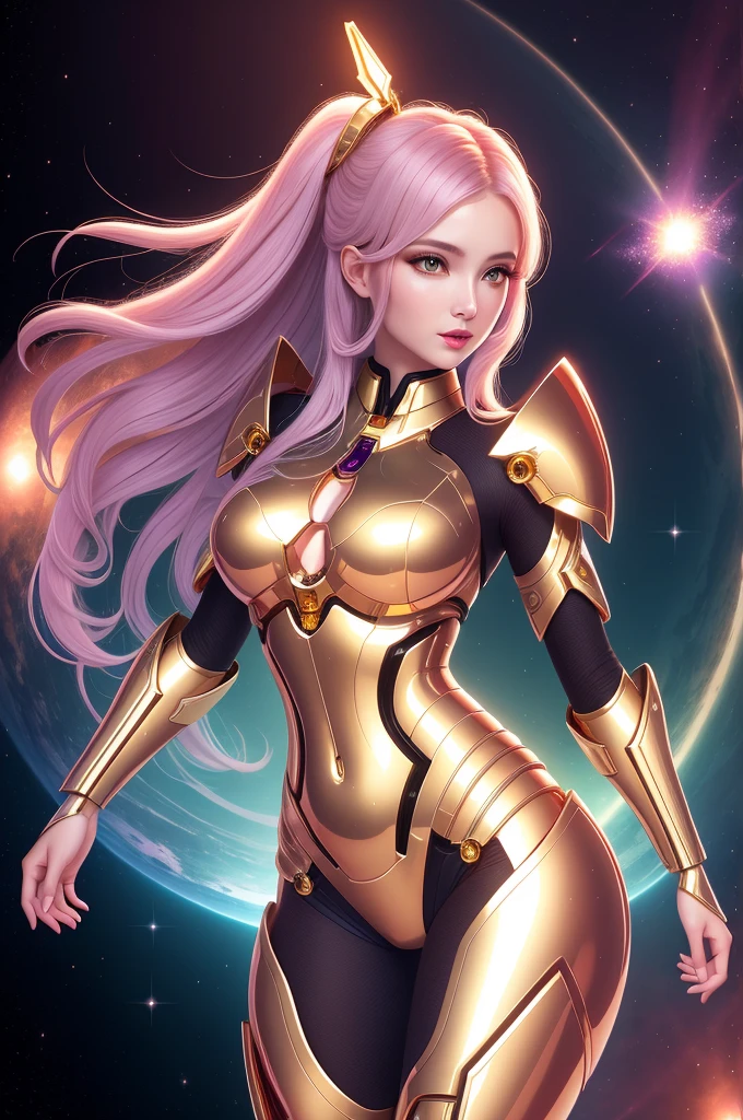 Surreal Beauty Chief, Gold armor，whole body, beauty，charming，sexy，Galaxy background highlights the halo in the background