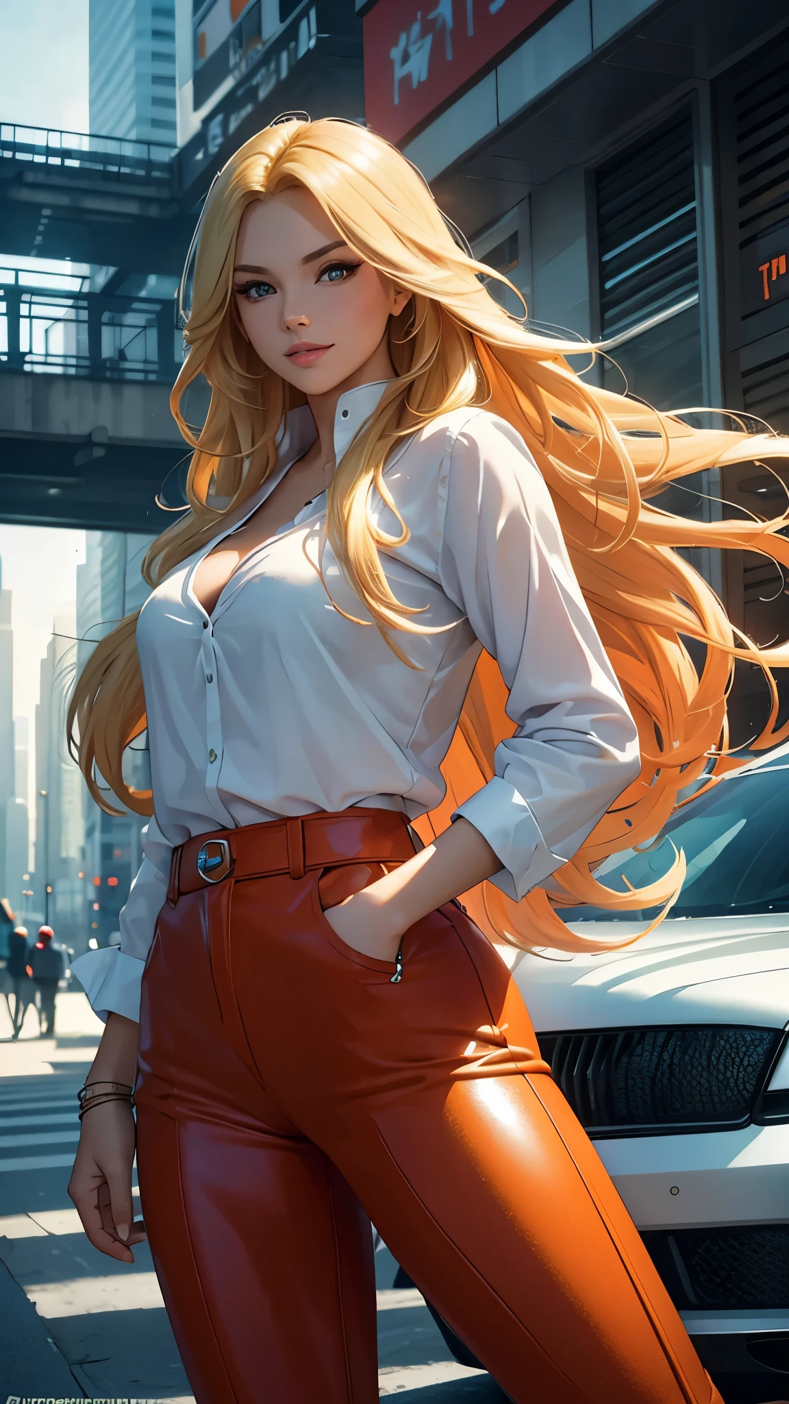 (Tabletop:1.2, highest quality), Realistic, (live-action, Intricate details, Depth of written boundary)、8k Very detailed, Perfect Face, Perfect body, Natural background bokeh.Huge breasts, plump,Very big ass,Open、sexy、Glamour、Urban Background、Blonde、Crystal clear long hair、Transparency、Beautiful mature woman、Office Suits、White shirt、Black tight skirt
