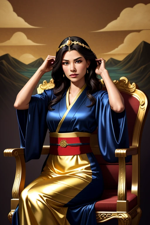 (Detalhes perfeitos: 1.5, Papel de parede 8k, obra de arte, melhor qualidade, ultra-detalhado) Um homem, imperador, a delicate facial features, asian face, cabelo preto curto, Belo cabelo, cabelo amarrado, Dragon dress embroidered with golden silk, Hanfu, sitting in a dragon chair, hands on her head, palace background, ancient golden imperador crown