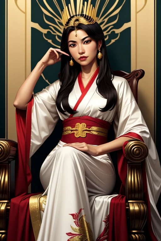 (Detalhes perfeitos: 1.5, Papel de parede 8k, obra de arte, melhor qualidade, ultra-detalhado) Um homem, imperador, a delicate facial features, asian face, cabelo preto curto, Belo cabelo, cabelo amarrado, Dragon dress embroidered with golden silk, Hanfu, sitting in a dragon chair, hands on her head, palace background, ancient golden imperador crown