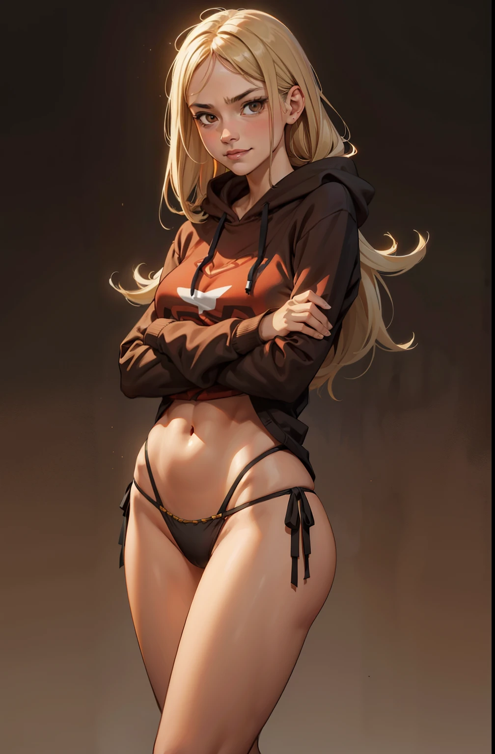 one girl, stand up, smiling angry, sexy, long brown hoody, thong panties, maquiagem, crossed arms, Lips are soft or colored, blonde, fundo simples, sexy, erotic, stand up, postura ereta, provocante, surprised facial expression, simple lighting and texture, begie background, feet, facing, plongée