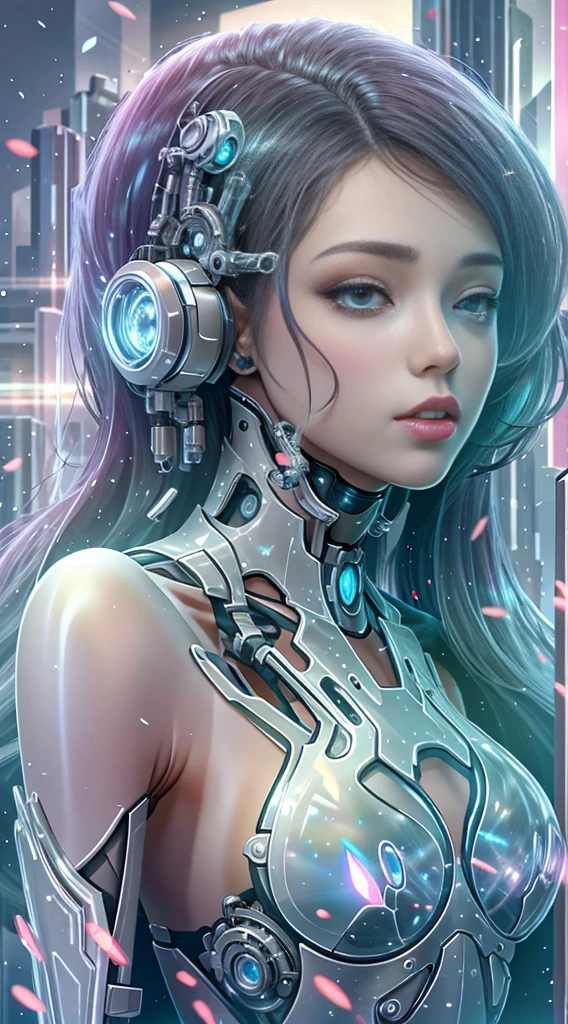 Translucent ethereal mechanical girl,Futuristic girl,Mechanical joints,futuristic urban background