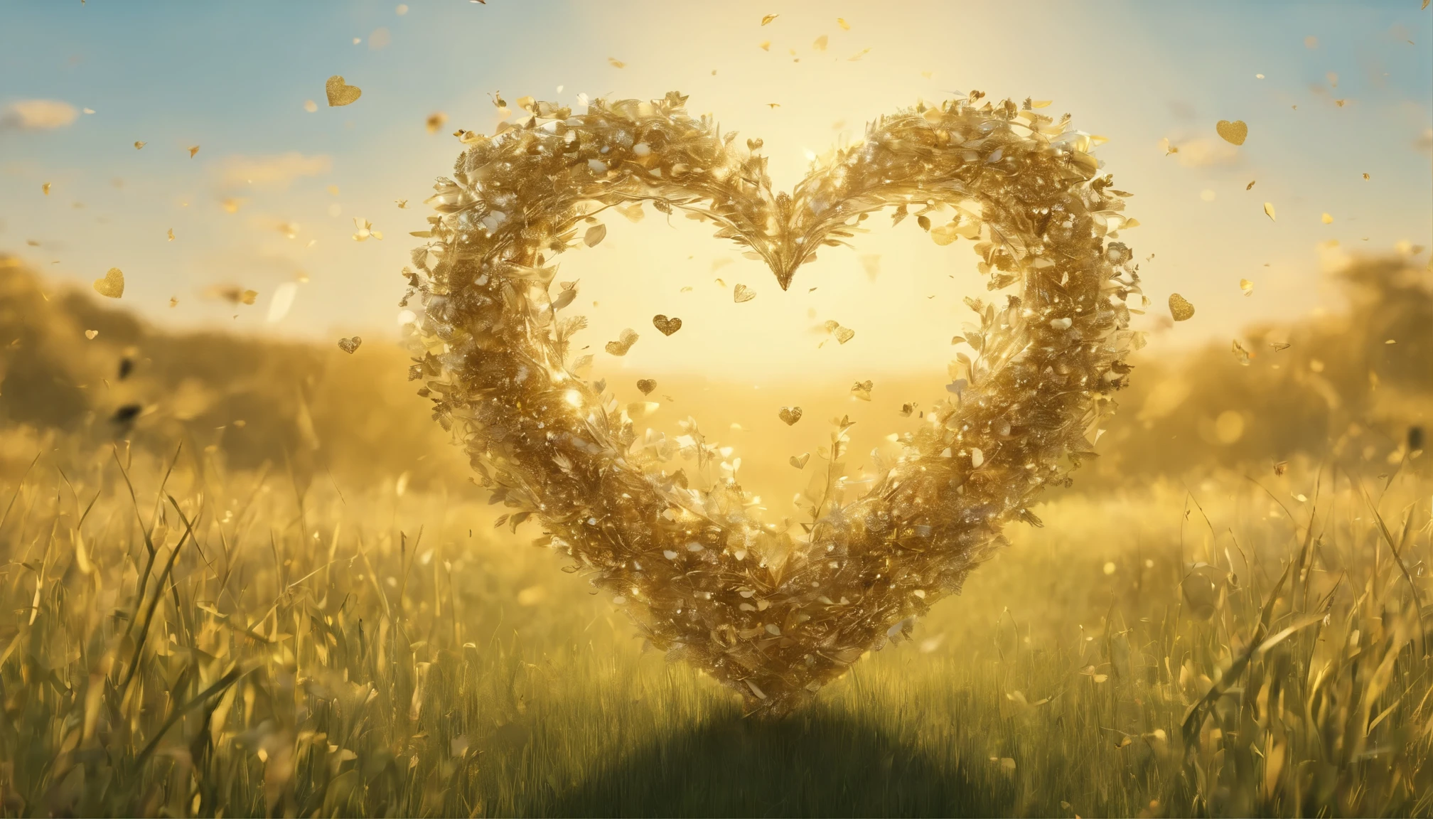 meadow with tall grass, gold leafs in shape of heart falling from sky, sparkling wind, sunny day, masterpiece, 8k
