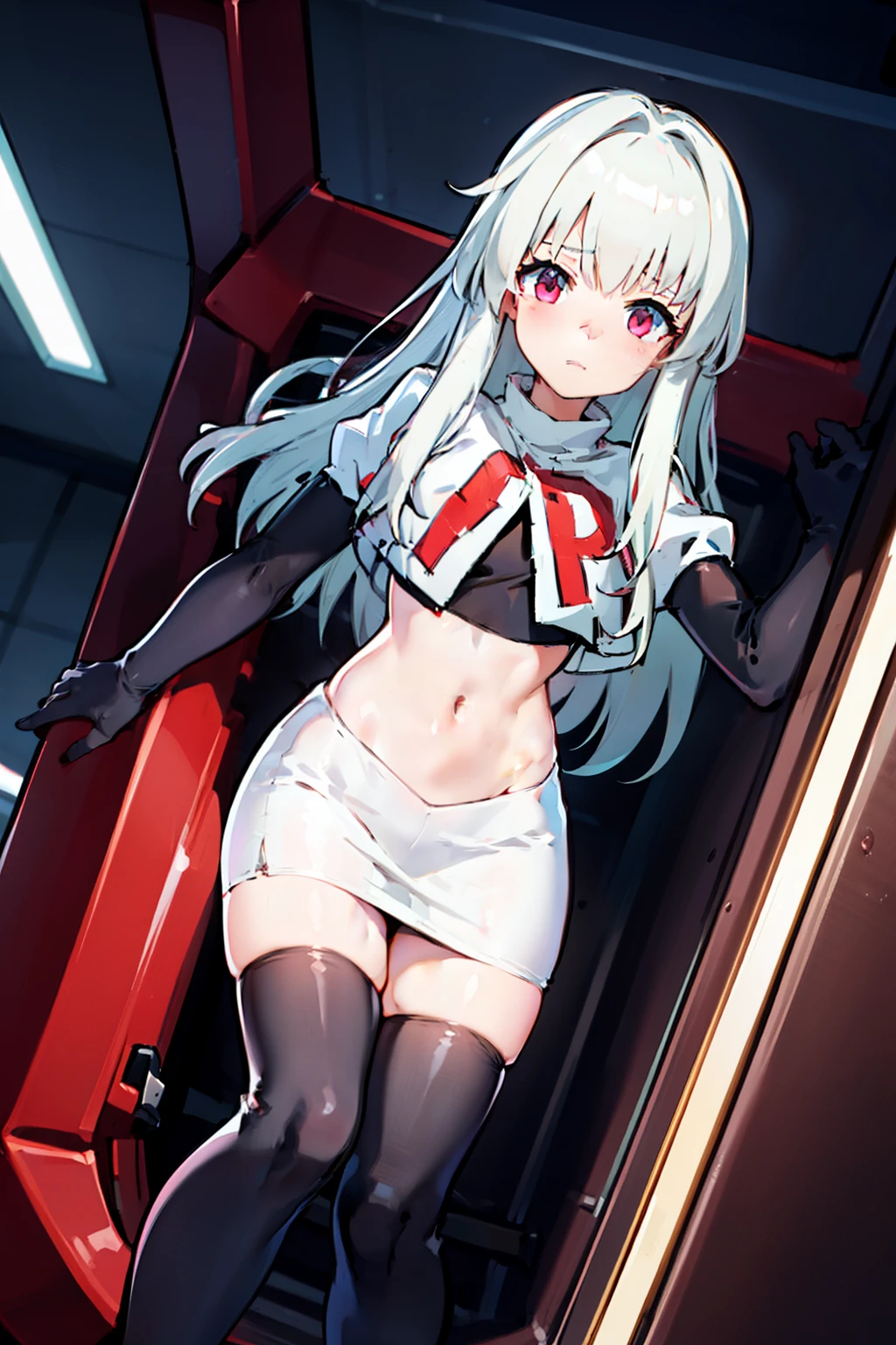 1girl, team rocket,team rocket uniform,white skirt,red letter R,crop top,black thigh-highs,black elbow gloves,