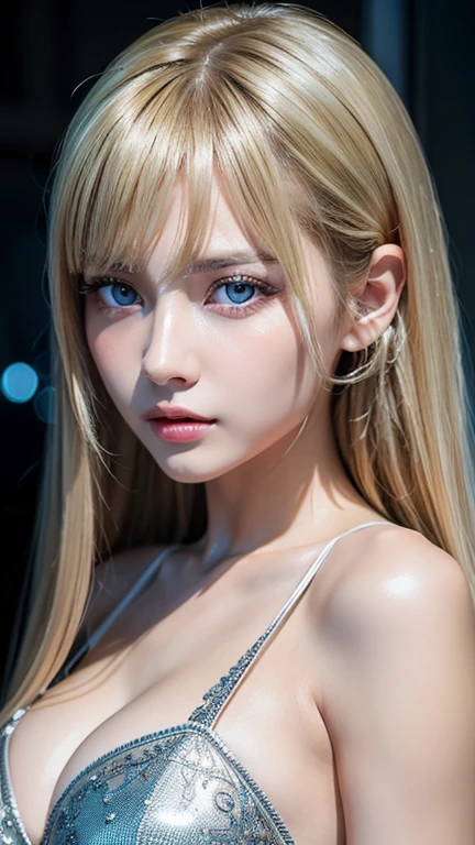 highest quality、8K Masterpiece、ultra high resolution、(photorealistic:1.3)、Raw photo、1 blonde girl、silvery hair、Glossy skin、1 Cyberpunk Super Beautiful Soldier、((Super realistic details))、Portrait、global illumination、Very beautiful, bright and shining light blue eyes that are huge、very big eyes、shadow area、octane rendering、8K、ultra sharp、beautiful breasts、The bare skin of the cleavage is exposed、Metal、cold color、、very intricate details、realistic light、CGSoation Trend beautiful eyes、Eyes shining towards the camera、neon details、small face beauty、Bright and beautiful skin that shines pure white、cheek highlights、long bangs between the eyes,