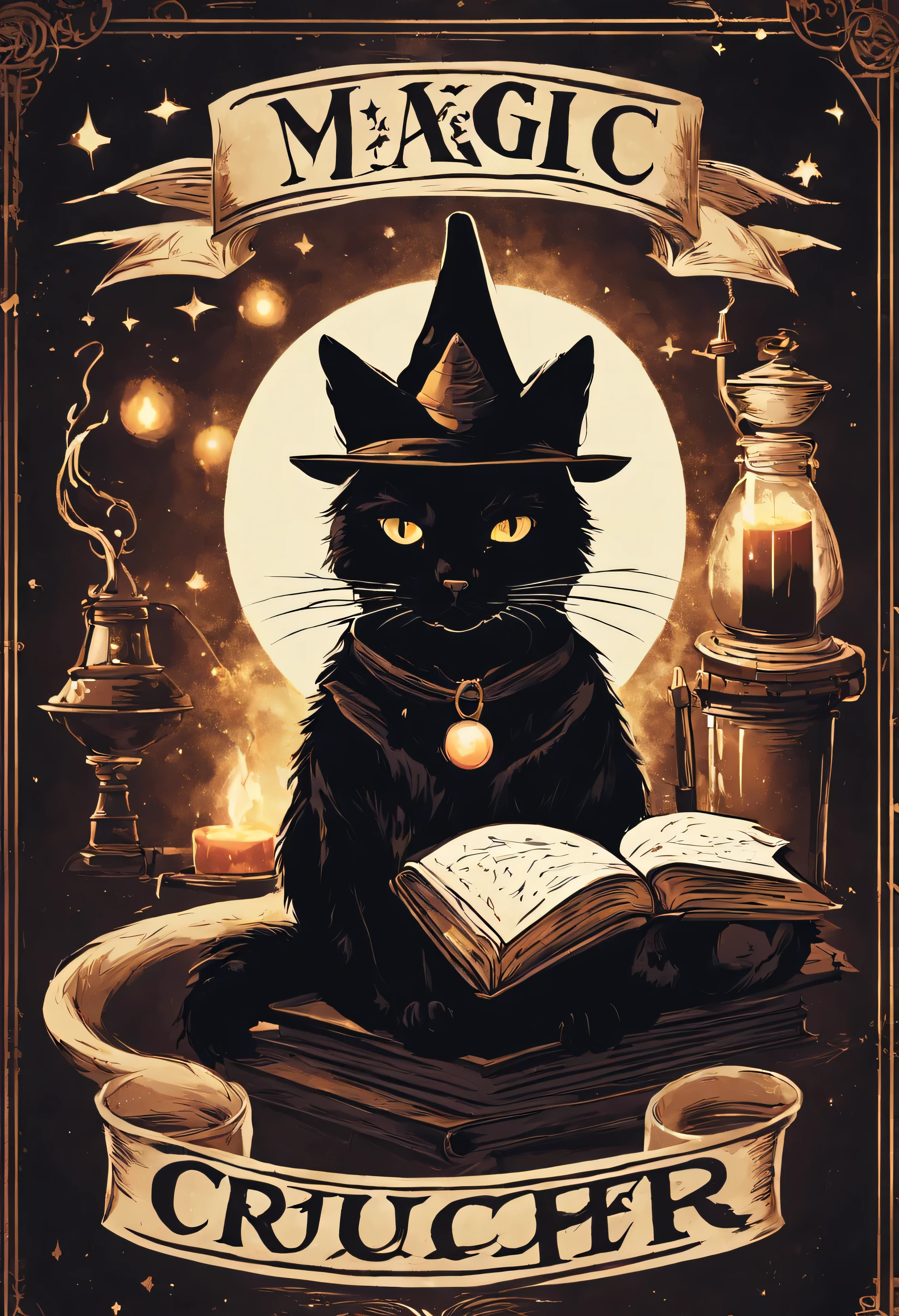 Magic themed poster，Vintage magic book on it、Black cat wearing a wizard's hat、Pharmaceutical crucible lid, Illustration type，Request to highlight the magic theme，Generate dark scenes around magic，Generated based on the content provided above