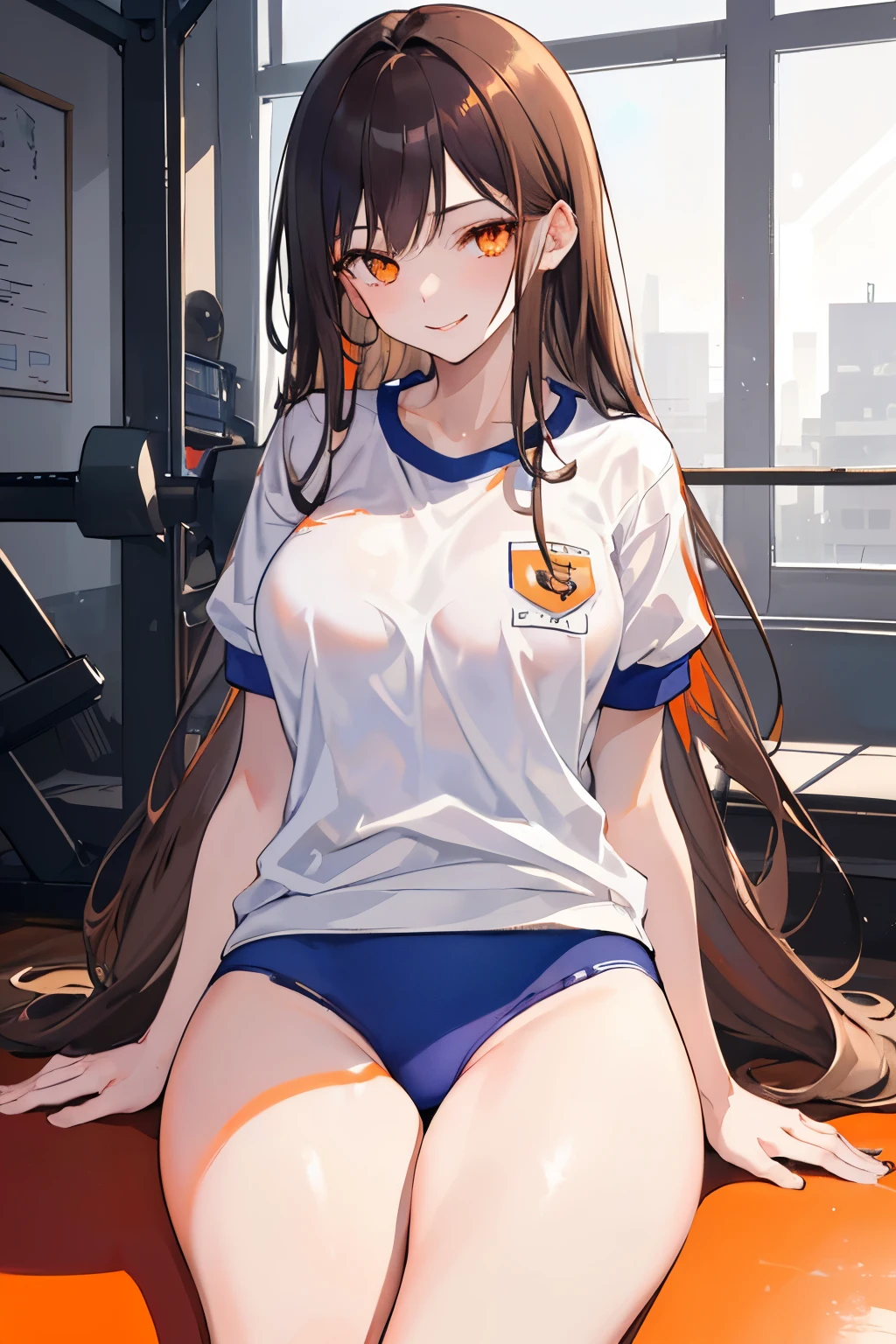 (((1girl))), ((best quality)), ((masterpiece)), ((ultra-detailed)), (illustration), (detailed light), (an extremely delicate and beautiful), (beautiful detailed eyes), (sunlight), ((extremely light)),
((((white and dark indigo gym uniform)))),
school girl,
wavy long, (((dark brown hair))), (((long hair))),
(((deep orange eyes))),
((whole body)), aged 14 to 17,
diamond, beautiful, ((extra elegant)), (((condescending expression))), (sexually mischievous smile), (((extra adorable))), (((extra slender shape))),
sitting on the floor in the school gym,
(((extraordinarily thin thighs)))