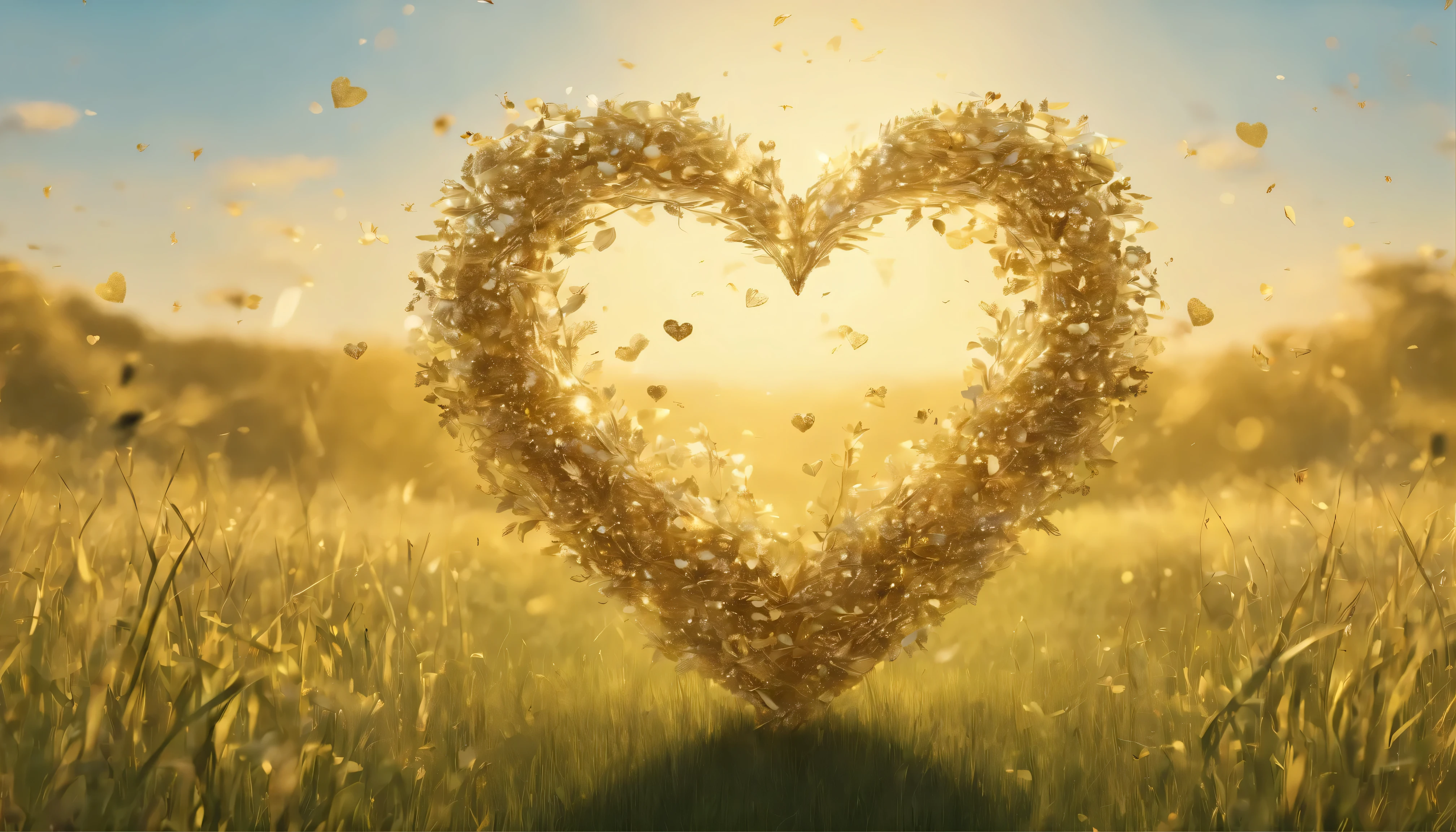 meadow with tall grass, gold leafs in shape of heart falling from sky, sparkling wind, sunny day, masterpiece, 8k
