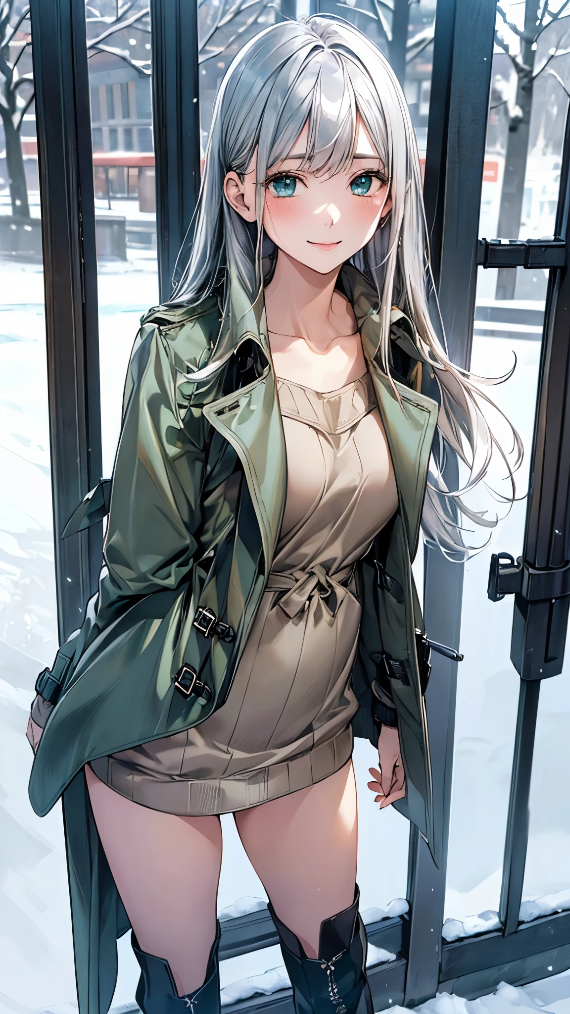(masterpiece:1.2, top-quality), (realistic, photorealistic:1.4), beautiful illustration, (natural side lighting, movie lighting), nsfw,
looking at viewer, (panty shot), front view:0.6, 1 girl, japanese, high school girl, perfect face, cute and symmetrical face, shiny skin,
(long hair:1.5, messy hair:1.2, silver hair), swept bangs, emerald green eyes, drooping eyes, long eye lasher, (large breasts:0.6),
beautiful hair, beautiful face, beautiful detailed eyes, beautiful clavicle, beautiful body, beautiful chest, beautiful thighs, beautiful legs,
((symmetrical clothing, dark green sweater dress, (trench coat)), light blue perforated stripe panty), boots,
(beautiful scenery), winter, dawn, hokkaido, sapporo odori park, snow, snowfall:1.5, freezing weather, frost,
(standing), (lovely smile, upper eyes),