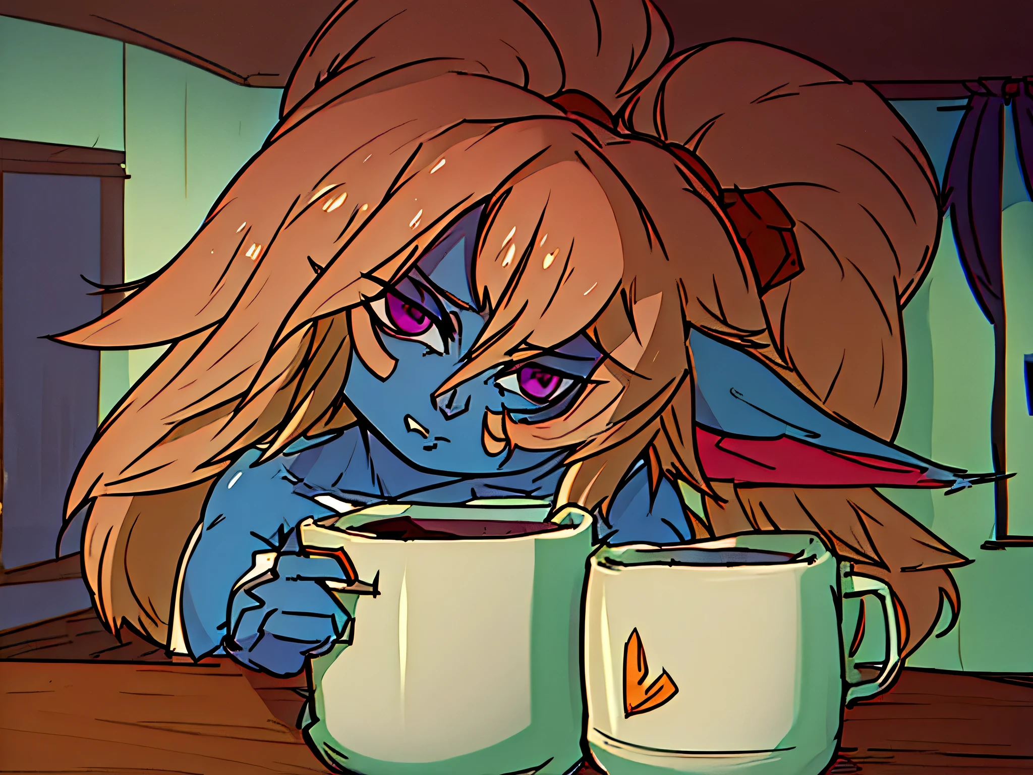 Poppy sentada na varanda de um apartamento, drinking coffee, linda e fofa, but at the same time she is provocative and sexy. /Estilo de arte anime.