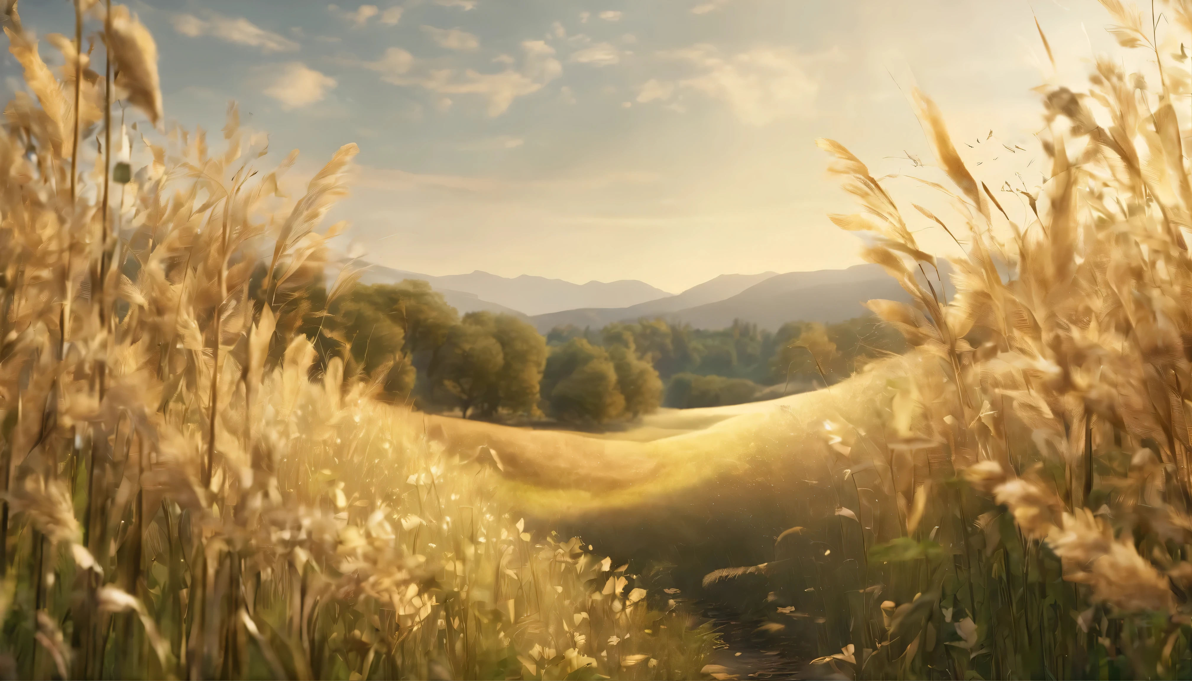 meadow with tall grass, gold leafs, sparkling wind, sunny day
