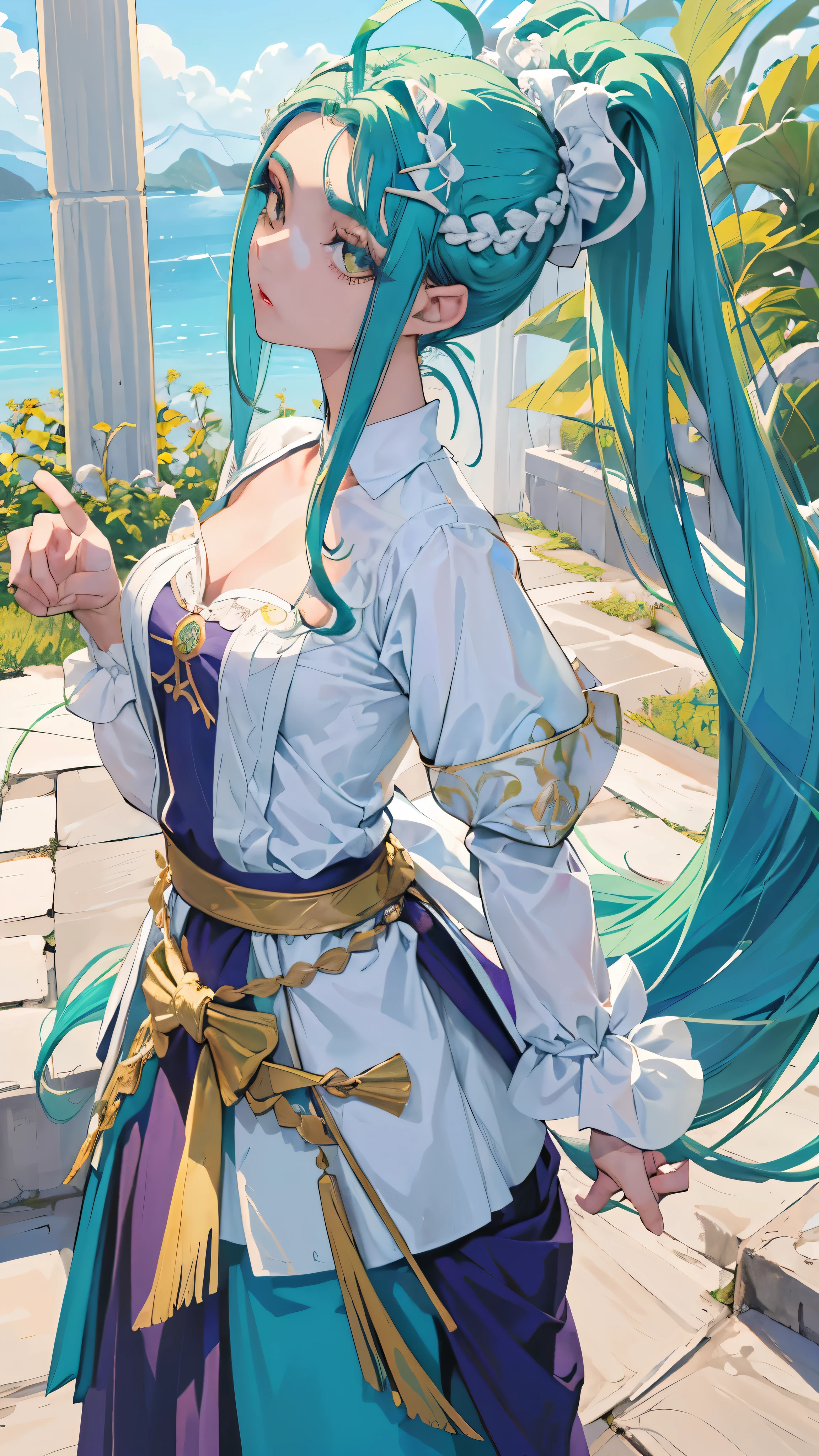 ((obra de arte, melhor qualidade)), (1 garota), (Sozinho), (foco feminino), (ahoge, cabelo branco, cabelo curto), olhos pretos, ((camisa branca), (camisa abotoada)), ((Saia preta), (saia curta)), standing, fundo branco, arms behind the back,