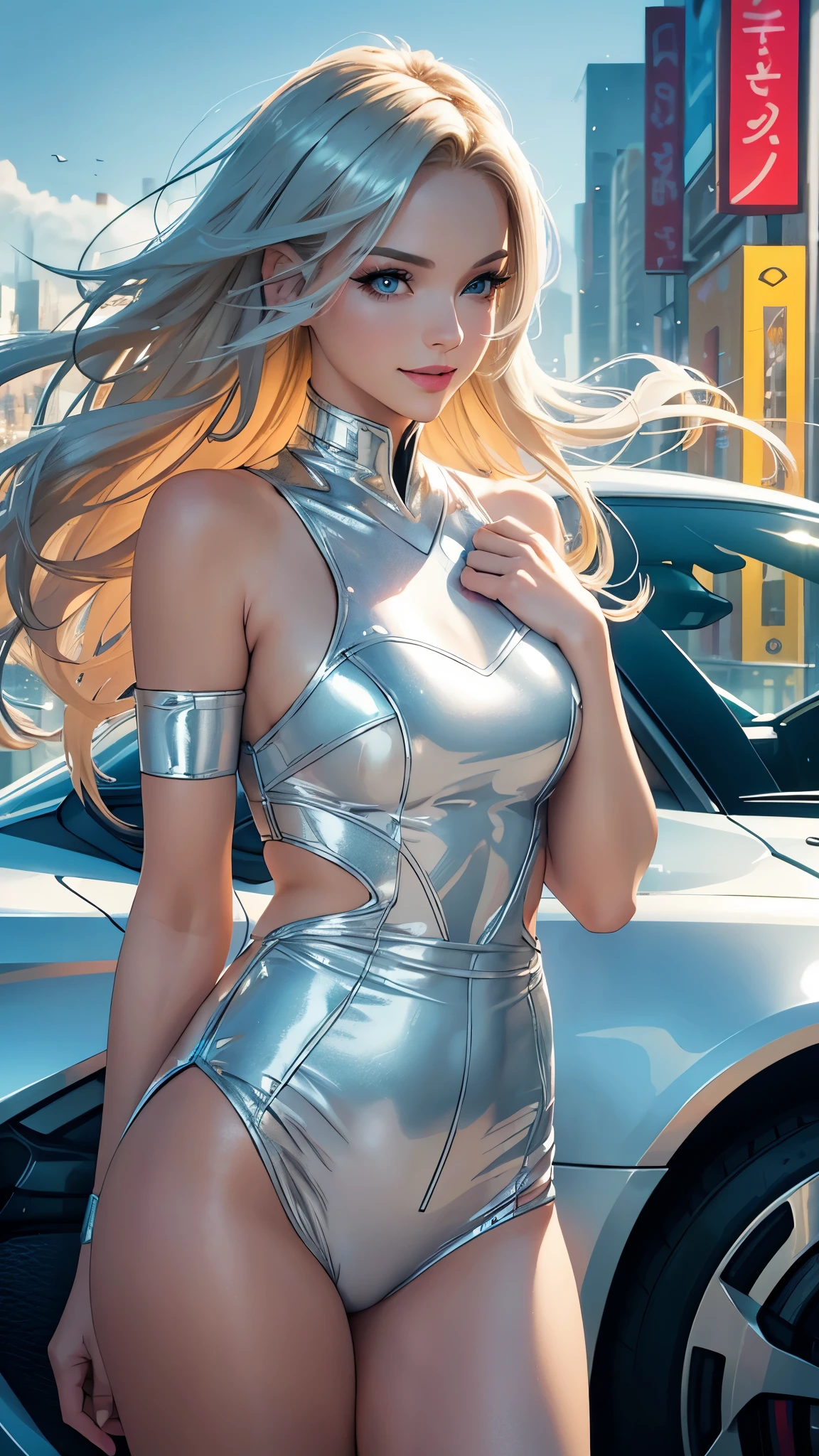 Doomsday World, a silver-haired beautiful girl with fair skin, riding on a motorcycle in transparent clothes, exquisite facial details, no panties, camel toes, movie lighting, HD details, modern art, textured skin