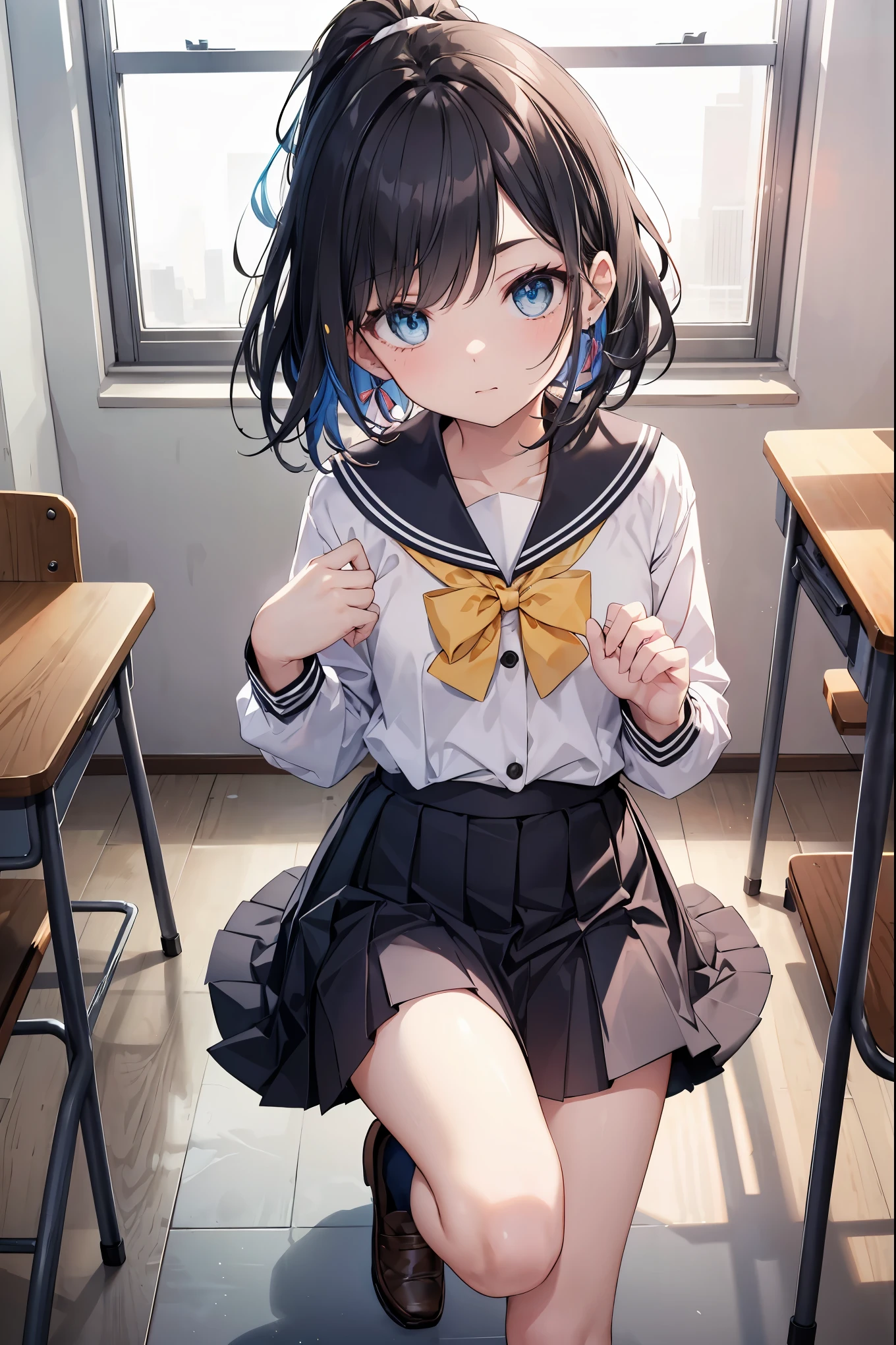 nsfw,alone, (One girl), Elementary school girl,8-year-old, ((White panties)), (wearing only the top half of sailor school uniform), Sailor with un-folded hems, sexy, (Cowboy Shot), ((Put your arms behind your head)), classroom, With a girl:hair is black and short, Her face is round and cute, Black Hair, Low twin tails,(Shy, Embarrassing),(Sit on a chair)、Spread your legs、