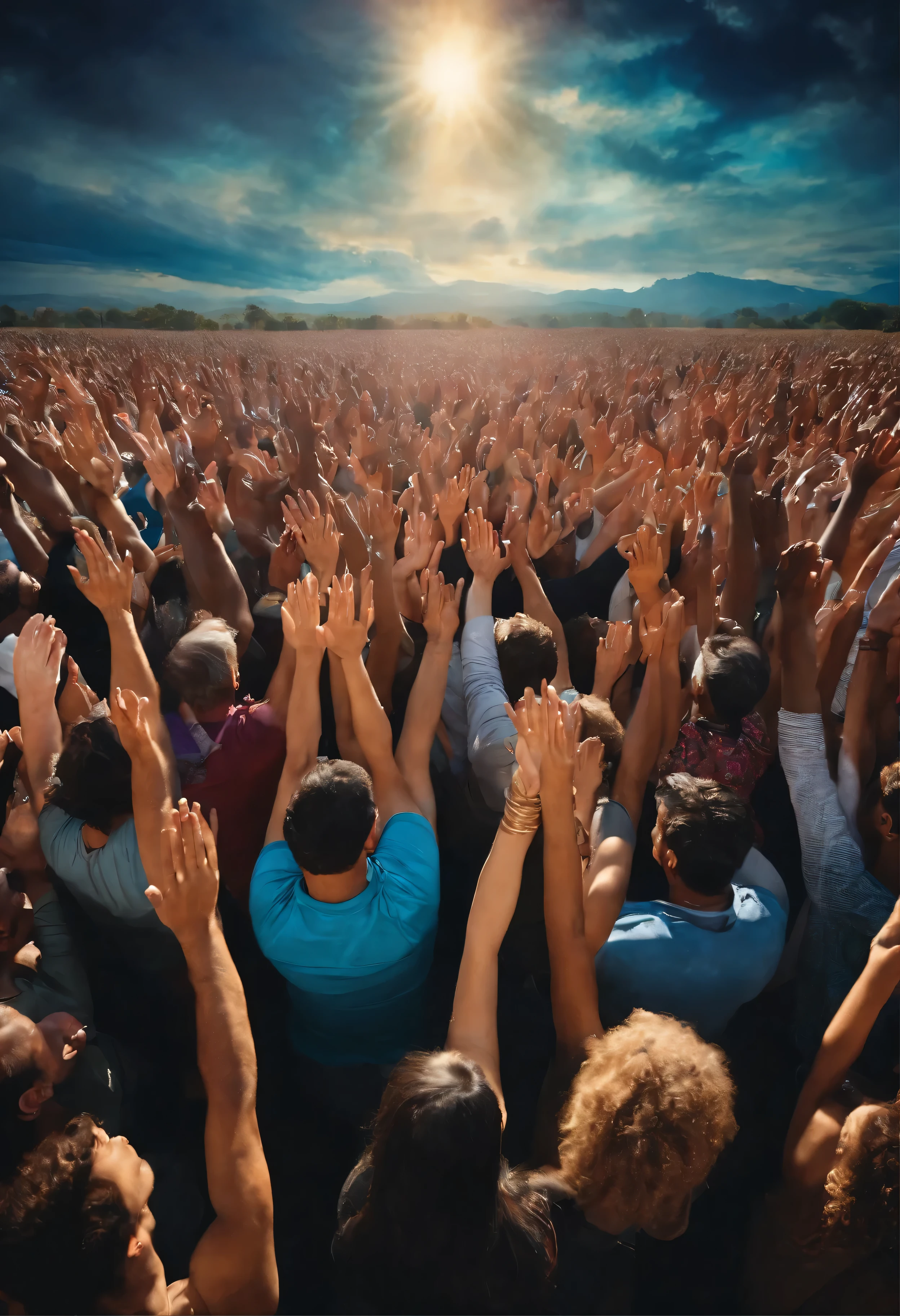 group of people raising their hands to the sky