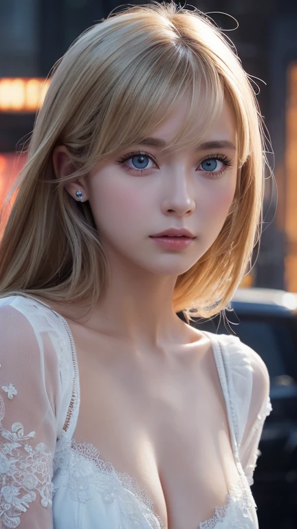 highest quality、8K Masterpiece、ultra high resolution、(photorealistic:1.3)、Raw photo、1 blonde girl、silvery hair、Glossy skin、1 Cyberpunk Super Beautiful Soldier、((Super realistic details))、Portrait、global illumination、Very beautiful, bright and shining light blue eyes that are huge、very big eyes、shadow area、octane rendering、8K、ultra sharp、beautiful breasts、The bare skin of the cleavage is exposed、Metal、cold color、、very intricate details、realistic light、CGSoation Trend beautiful eyes、Eyes shining towards the camera、neon details、small face beauty、Bright and beautiful skin that shines pure white、cheek highlights、long bangs between the eyes,