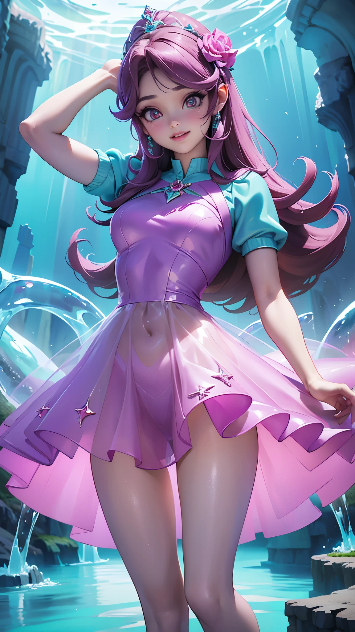 (La mejor calidad,A high resolution,Ultra - detallado,actual),Ariana Grande short fluffy brown hair，(Dress Has a shiny pinkish-purple transparent rubber texture)，(En rosa goma vestido transparente:1.4)、Usa el tuyo con azul y blanco，amarillo y verde，Matching Cyan Accessories Hanging Decoration，This is a very sweet and sweet girl.., (tema de san valentin), ojos azules, sonrisa suave, (fondo caverna atlantis ruinas hielo congelado:1.4) ,,More detailed 8K.motor irreal:1.4,UHD,La mejor calidad:1.4, fotorrealista:1.4, textura de la piel:1.4, obra maestra:1.8,obra-prima, mejor calidad,objeto Objeto], (detailed face features:1.3),(Las proporciones correctas),(convexo Dedos detallados),(Ojos hermosos azules),(pose vaquero )