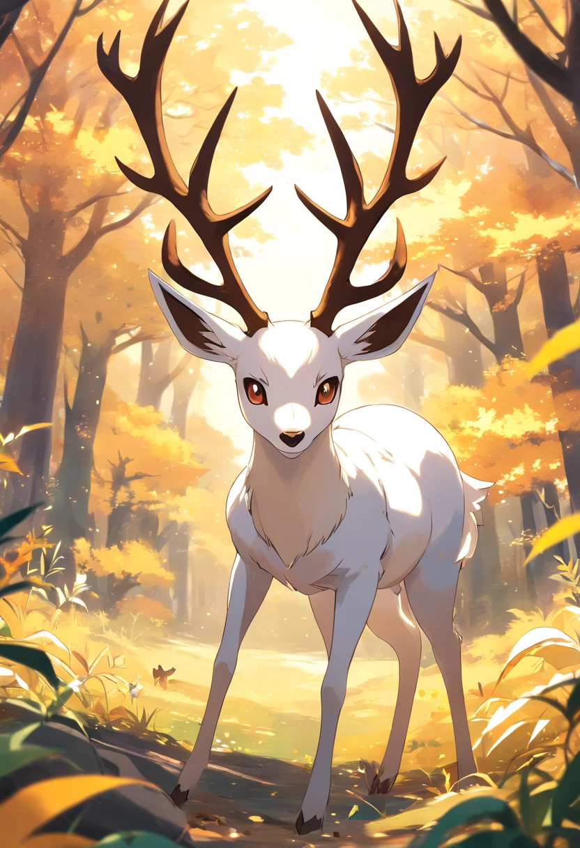 a detailed anime drawing of a huge ornate ((white and brown)) female deer resembling the ((pokemon xerneas)) with ((deep brown eyes)) and coming off of its body like armor that gives off a dangerous aura with large antlers laying down while looking at the camera