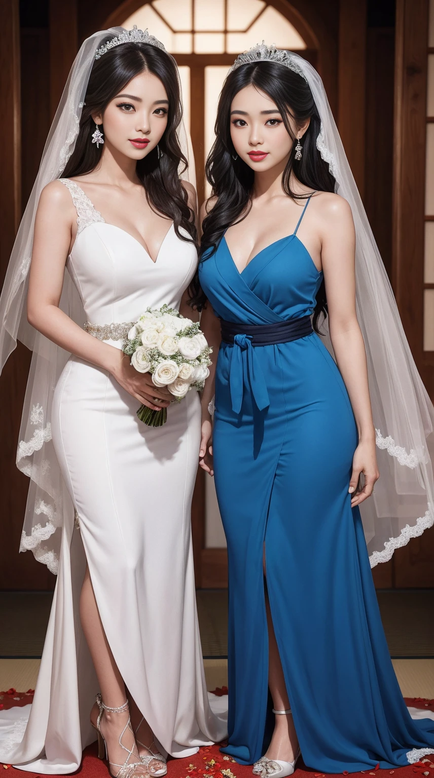 (8k, RAW photo, best quality, masterpiece:1.2),(realistic, photo-realistic:1.37),(Ultra-realistic 8k CG: 1.2), Ultra High Resolution, (two girls, a Japanese girl and an Indonesian girl:1.6), bare shoulders, Cinematic lighting, (blue longdress wedding dress:1.5),(SFW:1.3),(Full Body:1.7),(cute face:1.3),(big breasts:1.3),(high heels:1.3),(big hips1.3), (medium thighs:1.3),(covered breasts:1.3),(bust cleavage:1.1),(lipgloss:1.3),(Cute eyes:1.3),(Red lips:1.3),(Smooth skin texture:1.3),( Precise and perfect human anatomy: 1.3),(Beautiful and perfect facial features: 1.3), (Long eyelashes: 1.3),(Red lips: 1.3),(Shiny and textured lips: 1.3),(Smooth skin texture: 1.3),(earrings: 1.3),(Beautiful detailed eyes: 1.3),(Natural Color Lips: 1.3),(Beautiful face: 1.3),(Wedding Bridal Veil With Comb:1.6),(Wedding Garte:1.6),(Wedding Hair:1.6)