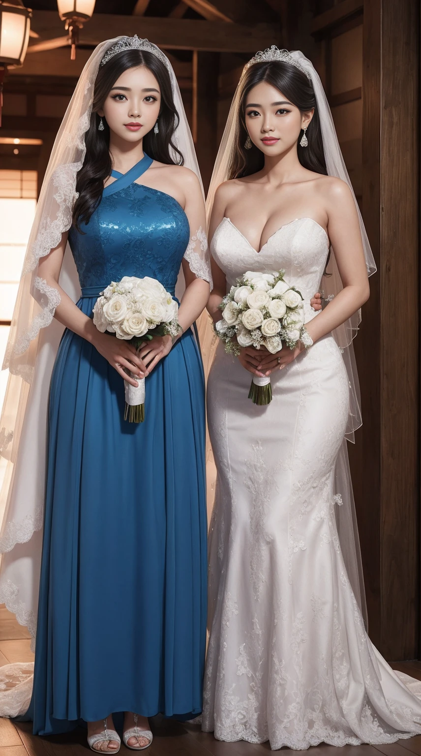 (8k, RAW photo, best quality, masterpiece:1.2),(realistic, photo-realistic:1.37),(Ultra-realistic 8k CG: 1.2), Ultra High Resolution, (two girls, a Japanese girl and an Indonesian girl:1.6), bare shoulders, Cinematic lighting, (blue longdress wedding dress:1.5),(SFW:1.3),(Full Body:1.7),(cute face:1.3),(big breasts:1.3),(high heels:1.3),(big hips1.3), (medium thighs:1.3),(covered breasts:1.3),(bust cleavage:1.1),(lipgloss:1.3),(Cute eyes:1.3),(Red lips:1.3),(Smooth skin texture:1.3),( Precise and perfect human anatomy: 1.3),(Beautiful and perfect facial features: 1.3), (Long eyelashes: 1.3),(Red lips: 1.3),(Shiny and textured lips: 1.3),(Smooth skin texture: 1.3),(earrings: 1.3),(Beautiful detailed eyes: 1.3),(Natural Color Lips: 1.3),(Beautiful face: 1.3),(Wedding Bridal Veil With Comb:1.6),(Wedding Garte:1.6),(Wedding Hair:1.6)