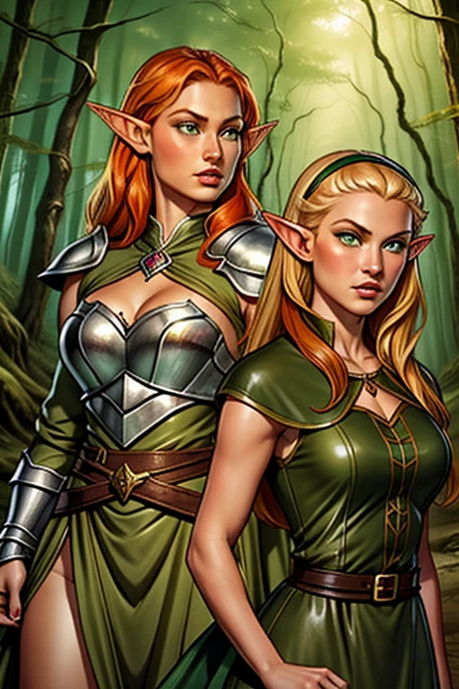 (masterpiece), best quality, expressive eyes, perfect face, two adventurer girls, ( 1 girl, elf ears, blond hair, green eyes, green dress, jewelry, magic user), ( 2 girl, elf ears, orange hair, brown eyes, leather armor, fighter) , magical forest background