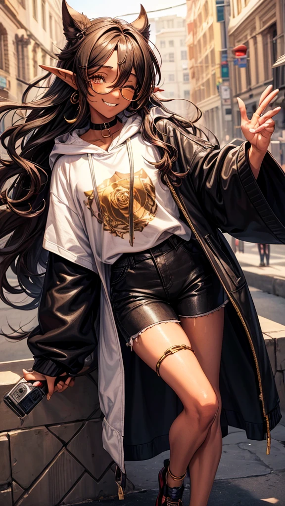 A light brown femboy with long curly black hair that is able to completely covers his eyes. His glasses resting on his nose. He has a gold nose ring, black shorts, a beige hoodie with a rose design on the front and barbed wire drawn on the sleeves. He is wearing red converses and smiling, he has pointy ears and freckles