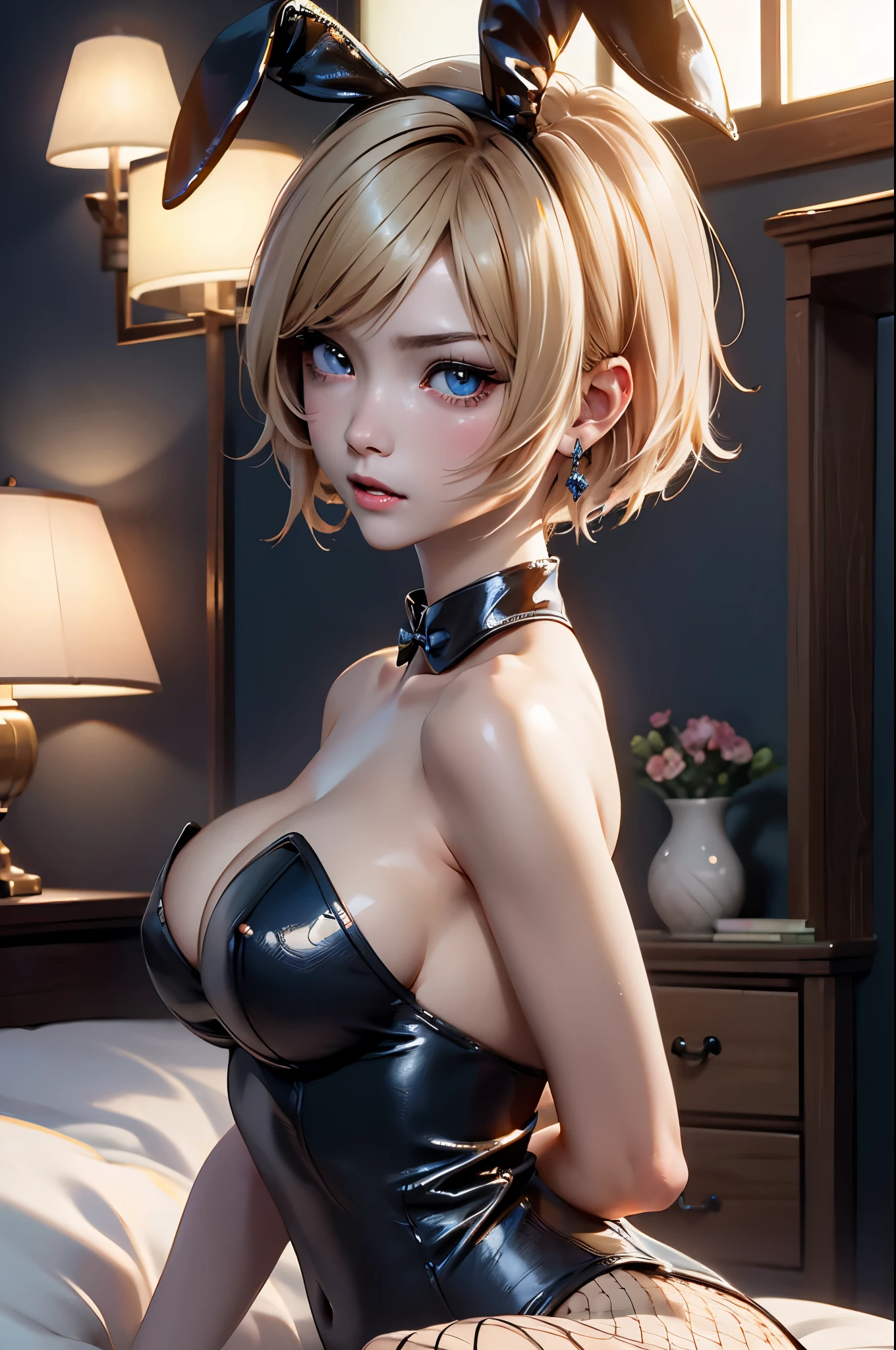 ①品質:(ultra detailed:0.8), (Perfect hands:1.3), (Perfect Anatomy:1.3), (1girl:1.3),(master piece:1.3),(best quality:1.3), detailed,8k,intricate details, ②部分:ultra-detailed face,beautiful detailed eyes,detailed skin, detailed face, <キャラの容姿、背景などのプロンプト> ③環境::(((luxurious bedroom:1.3))) ④被写体:(ayabrea:1.3), ⑤目:blue eyes, BREAK (cat eye:1.3), high resolution ,sparkling pupils, Intricate Iris Details, Captivating Eye Reflections, Sparkling Highlights in the Eyes, Depth and Dimension in the Pupils, Subtle Color Variations in the Iris, Meticulous Eyelash Details, detailed eyes, ⑥胸:(((large breasts:1.3))), (Beautiful breasts:1.3), ⑦体形:thin body type, Miwaki. (beauty legs:1.3). Seven heads, tight waist, small head, ⑧肌:detailed skin, Transparency, Brilliant skin, ⑨髪:shiny hair, blonde, BREAK (forehead:1.1), (short hair:1.0), (low hair volume:1.5), (Parted Bangs:1.3), (extra long sideburns:1.3), (side part:1.3), (shaved sides hair:1.4),BREAK <衣装> ⑩衣装:(fishnet pantyhose:1.3), (playboy bunny:1.3),rabbit ears, black rabbit ears, fake rabbit ears, bowtie, wrist cuffs, black leotard, high heel, earrings, <表情、照明、その他のプロンプト> ⑪照明:brightening light, moody lighting, nature lighting, Best Illumination, ⑫作風:sexy body, animation, illustration, (Bewitching:1.3). ⑬表情:(blush:1.3), Looking at Viewer, tear, happy, Face to feel, Love A large amount of milk, waiting for a kiss, ⑭構図: (upper body:1.3), (from below,:1.0), (from side:1.0), (extreme close-up view: 1.3), very wide shot, dutch angle BREAK ⑮行動:(female masturbation,: 1.6), lie down, m legs, spread legs,