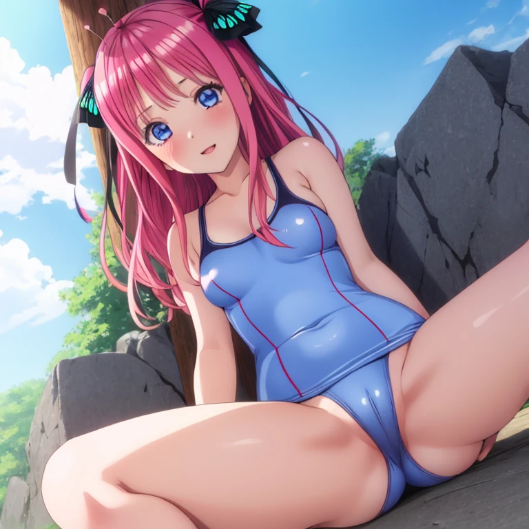 masterpiece, best quality, ultra detailed, best illustration, nsfw, 1girl, one-piece swimsuit, nakano nino, pink hair, butterfly hair ornament, blue eyes