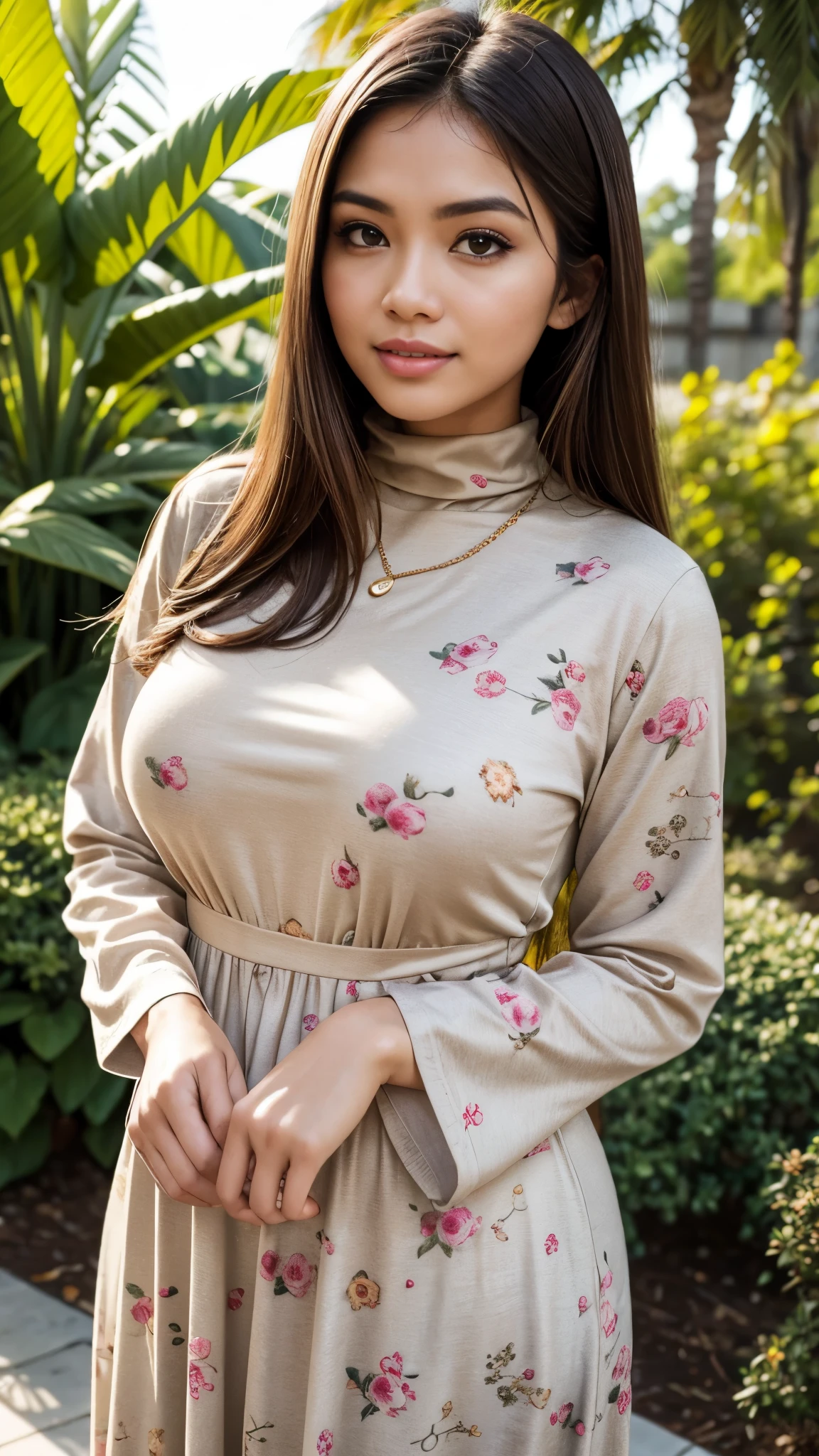 RAW, Best quality, high resolution, masterpiece: 1.3), beautiful Malay woman ,Masterpiece, perfect slim fit body, (Huge breasts), big gorgeous eyes, brown hair, Soft smile, Delicate turtleneck print sun dress, necklace, shairband, afternoon walk, City garden, Excellent lighting, Bright colors, Clean lines