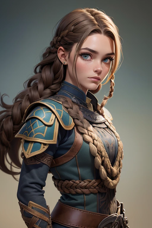 (Obra maestra, La mejor calidad) (young warrior woman of nordic descent), (ojos verdes), (Muscular), (falda de piel), (brown hair color),(loose hair with small braids on the scalp), (top con correa de cuero) plumas, capa sobre el hombro, bufas, (azul, gray and brown suit).