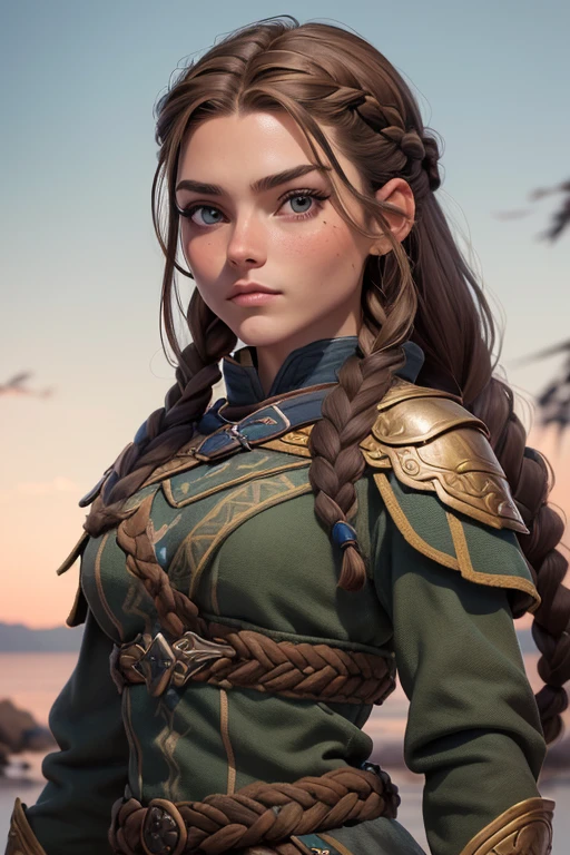 (Obra maestra, La mejor calidad) (young warrior woman of nordic descent), (ojos verdes), (Muscular), (falda de piel), (brown hair color),(loose hair with small braids on the scalp), (top con correa de cuero) plumas, capa sobre el hombro, bufas, (azul, gray and brown suit).