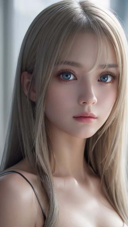 highest quality、8K Masterpiece、ultra high resolution、(photorealistic:1.3)、Raw photo、1 blonde girl、silvery hair、Glossy skin、1 Cyberpunk Super Beautiful Soldier、((Super realistic details))、Portrait、global illumination、Very beautiful, bright and shining light blue eyes that are huge、very big eyes、shadow area、octane rendering、8K、ultra sharp、beautiful breasts、The bare skin of the cleavage is exposed、Metal、cold color、、very intricate details、realistic light、CGSoation Trend beautiful eyes、Eyes shining towards the camera、neon details、small face beauty、Bright and beautiful skin that shines pure white、cheek highlights、long bangs between the eyes,