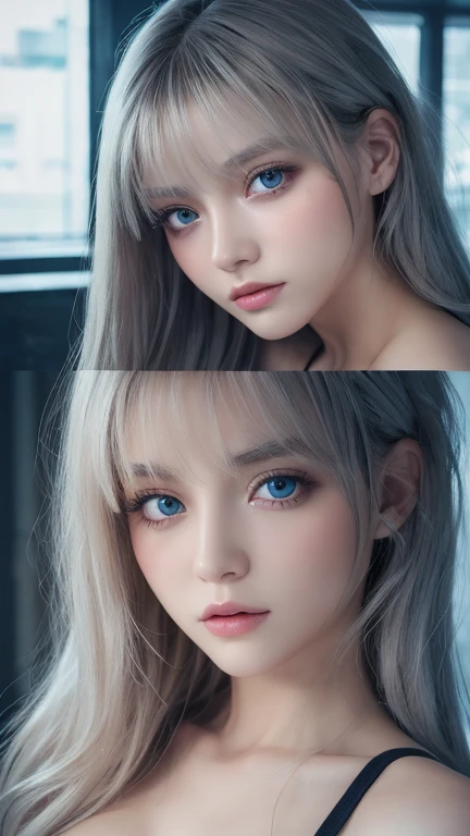 highest quality、8K Masterpiece、ultra high resolution、(photorealistic:1.3)、Raw photo、1 blonde girl、silvery hair、Glossy skin、1 Cyberpunk Super Beautiful Soldier、((Super realistic details))、Portrait、global illumination、Very beautiful, bright and shining light blue eyes that are huge、very big eyes、shadow area、octane rendering、8K、ultra sharp、beautiful breasts、The bare skin of the cleavage is exposed、Metal、cold color、、very intricate details、realistic light、CGSoation Trend beautiful eyes、Eyes shining towards the camera、neon details、small face beauty、Bright and beautiful skin that shines pure white、cheek highlights、long bangs between the eyes,