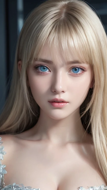 highest quality、8K Masterpiece、Ultra-high resolution、(Realistic:1.3)、RAW Photos、14 year old girl of Scandinavian descent with shiny blonde hair、Silvery blonde hair、Super long straight hair、Bangs between the eyes、bangs over eyes、片bangs over eyes、Hair between the eyes、White and lustrous skin、1. Cyberpunk Super Beautiful Soldier、((Ultra-Realistic Details))、Portraiture、Global Illumination、Shadow Realm、Octane Rendering、8K、Super sharp、Ample Bust、Metal、Cold colors、、Very intricate details、Realistic Light、CG Association Trends、Very beautiful, large light blue eyes、Very big eyes、Eyes shining towards the camera、Neon Details、Small Face Beauty、Round face、Cheek highlight