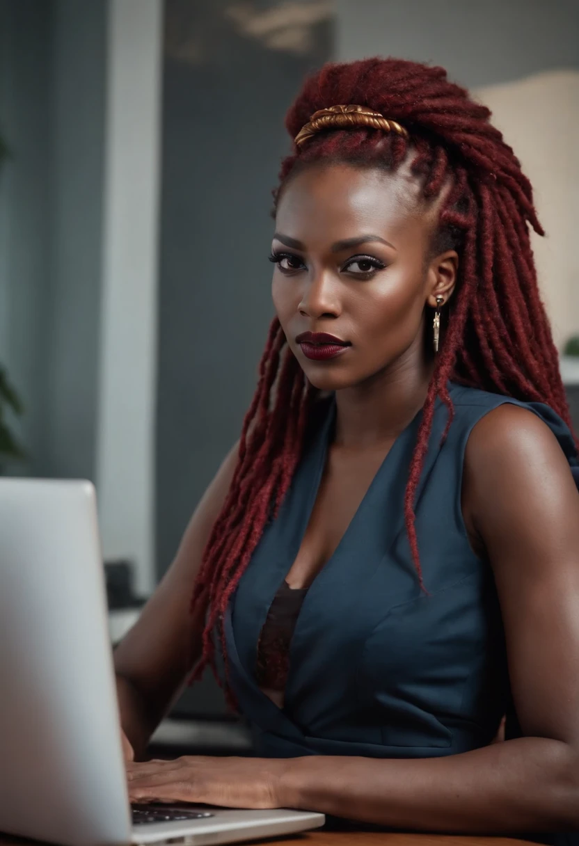 A very dark skinned African warrior queen with a big forehead and dark red dreads , dark lips , dressed in office women attire with heels , with a laptop