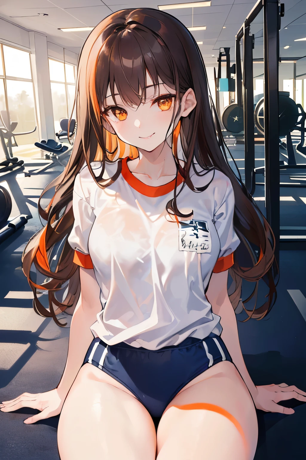 (((1girl))), ((best quality)), ((masterpiece)), ((ultra-detailed)), (illustration), (detailed light), (an extremely delicate and beautiful), (beautiful detailed eyes), (sunlight), ((extremely light)),
((((white and dark navy gym uniform)))),
school girl,
wavy long, (((dark brown hair))), (((long hair))),
(((deep orange eyes))),
((whole body)), aged 14 to 17,
diamond, beautiful, ((extra elegant)), (((condescending expression))), (sexually mischievous smile), (((extra adorable))), (((extra slender shape))),
sitting on the floor in the school gym,
(((extraordinarily thin thighs)))